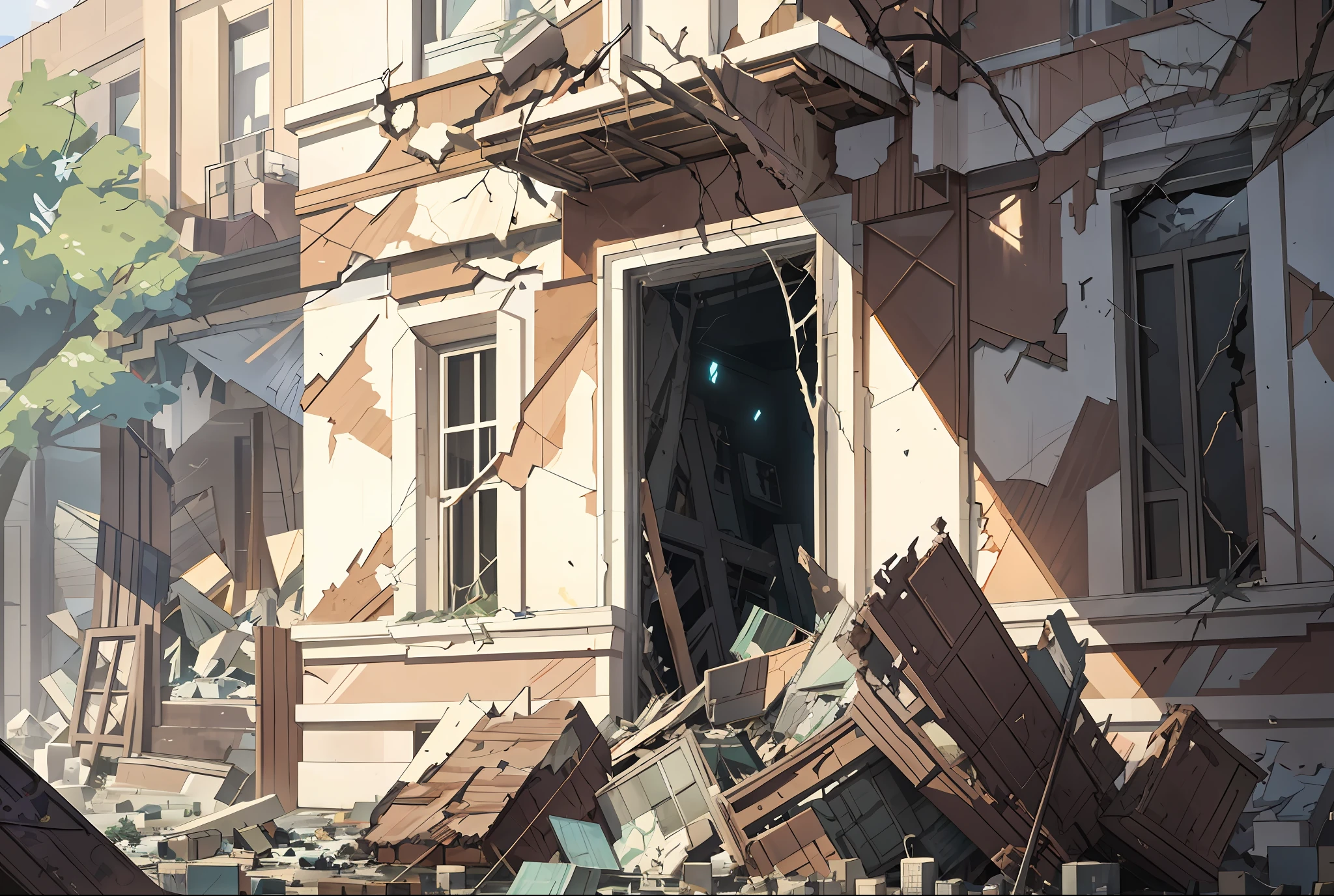 Debris and debris piled up in front of a tree-based building, Guviz, Guviz-style artwork, studio glibly makoto shinkai, ross tran. scenery background, Huge smashed mansion, silvain sarrailh, author:Alexander Jean, disco elysium concept art, painterly concept art, wrecked buildings