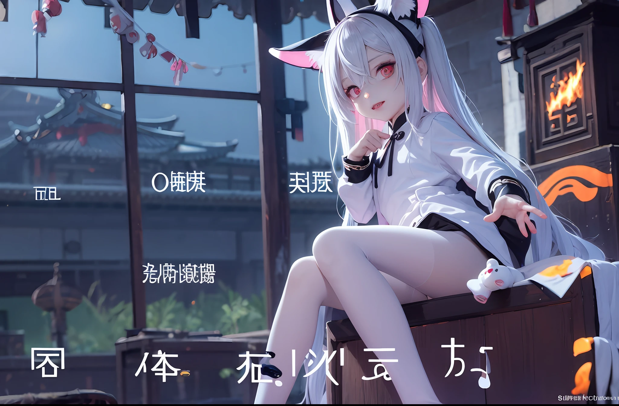 Need,tmasterpiece,Pink gradient to gray hair,Golden eyes,Look ahead,full bodyesbian,Hairline,Fair skin,Hair flying,ssmile,White tights,White knee-length socks,Beth,The hand emits flames,Titillating,White animal ears,The butt has a white fox tail,Taoist uniform,Maoshan Taoist,Zombie suit,Remove occlusion