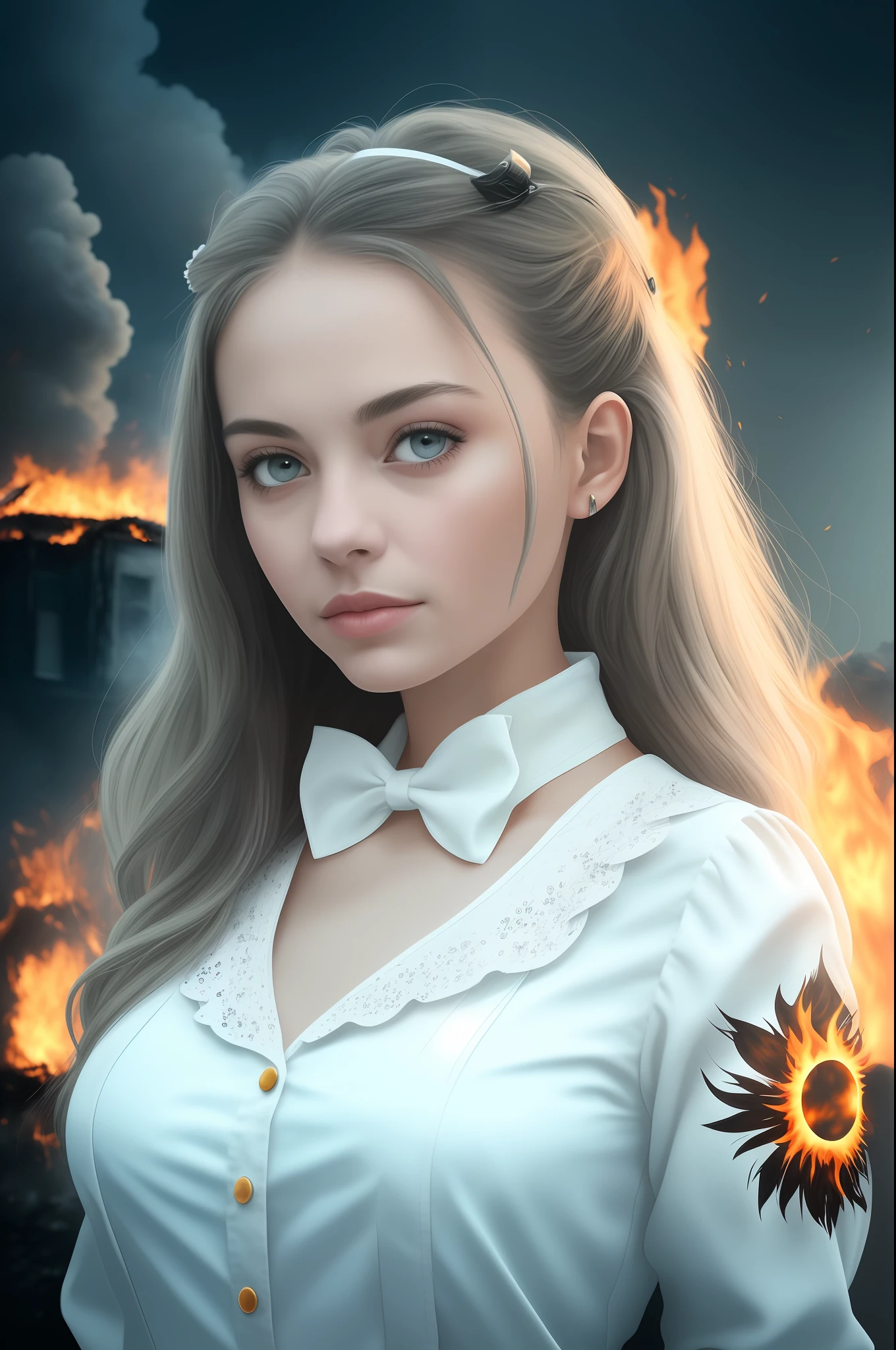 White girl against the background of a burning house illustratio