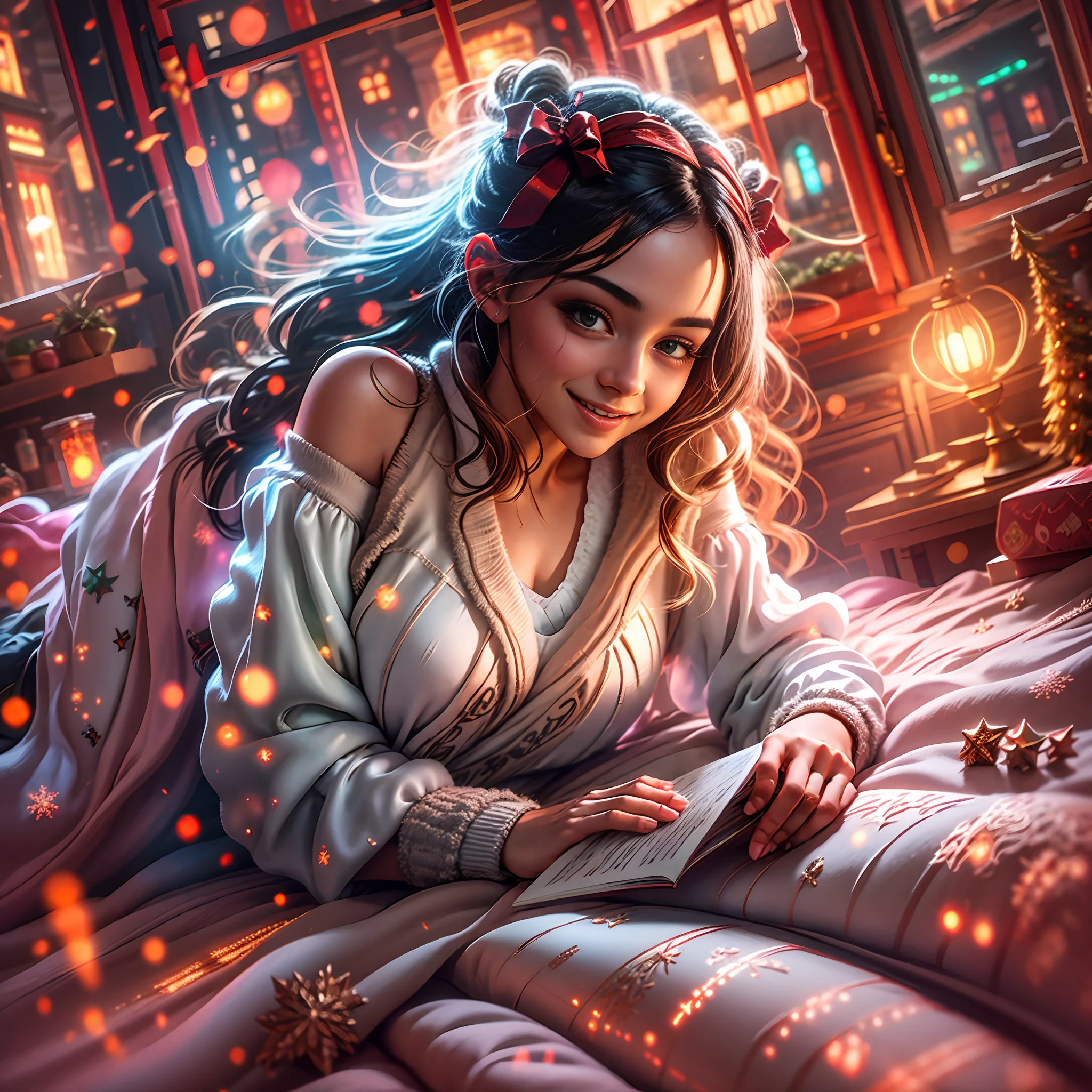 A beautiful and pretty girl, lying on her bed, in her room reading a book on the bed, the room is being illuminated with a sumbeams light, realistic ultra HD, the window presents a beautiful landscape, the girl is smiling with joy, toys on the floor, a Christmas time.