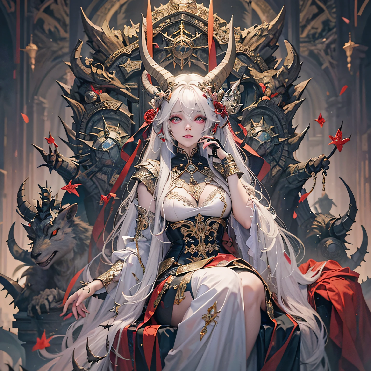 with colored skin and sheep-like curved horns,,、Beautiful but evil devil、Sit on a throne in a stone castle。Beautiful face and brightly colored eyes。Gothic dress and、Wearing intricate and delicate ornaments。The throne room of a stone castle covered with thorns。Detailed drawing。Vibrant colors。high-level image quality。