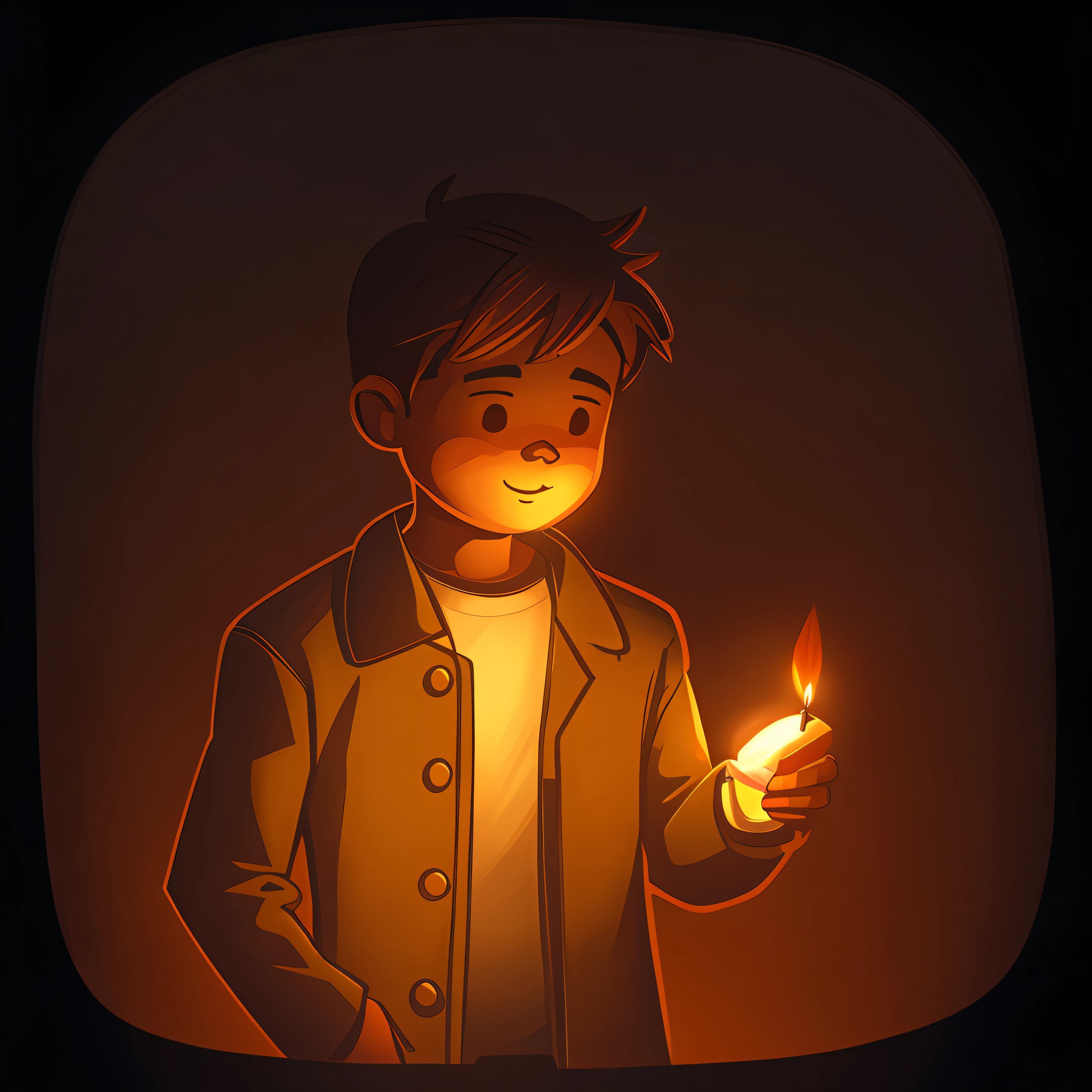 "illustration:Cute man holding candle in left hand,The right hand is covered with flashing lights,The surrounding darkness was gradually dispelled"