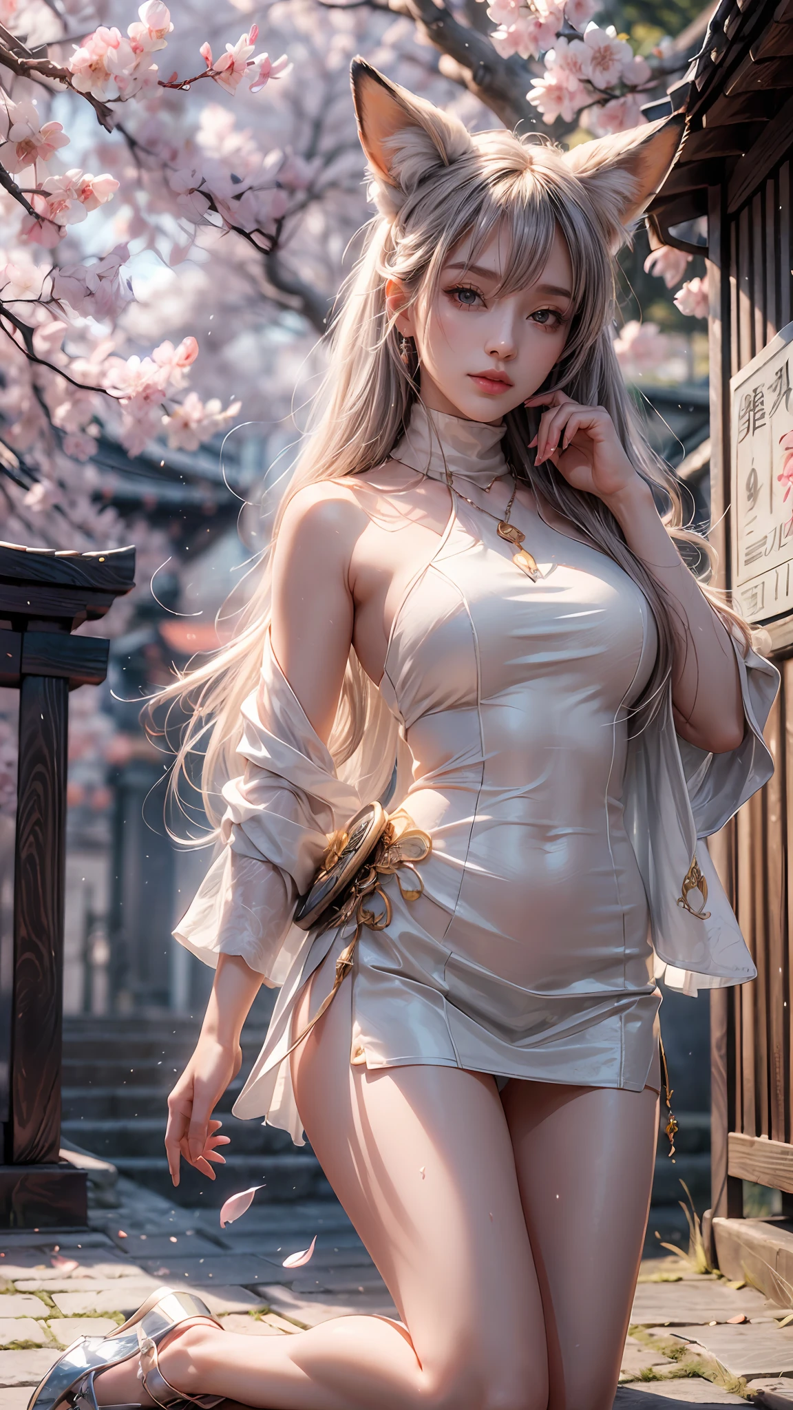 Best quality, hyper-high detail, very high res, hight contrast,brightcolors,Extremely detailed CG, 真实感,absurd res,fox ear,Huge colorful fox tail, 8K,Colorful, A 20-year-old nine-tailed fox girl,East Asian girl,Place your hands on your waist,Perfect body shape,(long leges:1.6),ssmile,Light turtleneck shirt,Detailed clothing patterns,tiese,(full body:1.3),Solo, in a panoramic view,kneels on the ground,high-heels,(Black eyes), (Gray hair to the shoulders), Extremely long white diamond hair floating, yellow ribbon, Beautiful eyes,(usa ropa blanca:1.3),Wet clothes, white skirt, white dresses,detailed and beatiful face and eyes, ((Shiny skin)), Shiny hair, (detailed and beautiful shiny clothes, Temple,holy rays,japan temple,the cherry trees,Cherry blossoms flying,Rained,(dynamicposes:1.3),low perspective,