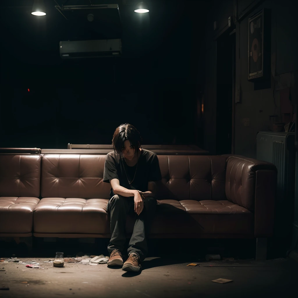 lonely person, sitting on old couch, empty underground night club, filthy, darkness, gritty