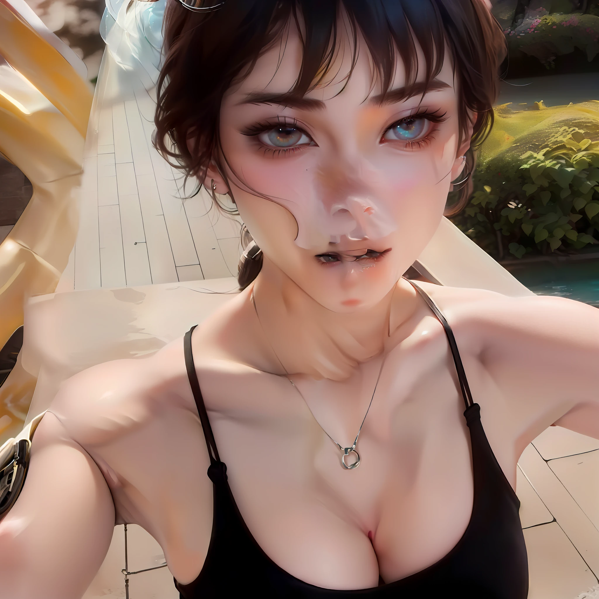 Short brown hair, Professional lighting, photon maping, Radio City, (high definition skin: 1.2), (Exposed back: 1.5), (Exposed crotch: 1.5), (wearing a micro bikini (White Thin Silk Strap)), ( bikini slightly flipped up), squatting with legs open ((provocative dynamic pose)), Ultra-detailed face, Detailed eyes, (((very soft and saggy breasts spill out of the bikini)), (realistic areola bulge), detailed crotch shape of the camel toe, ((slightly protruding detail pubic shape)), (sensual gaze to the photographer, Lips slightly open).
