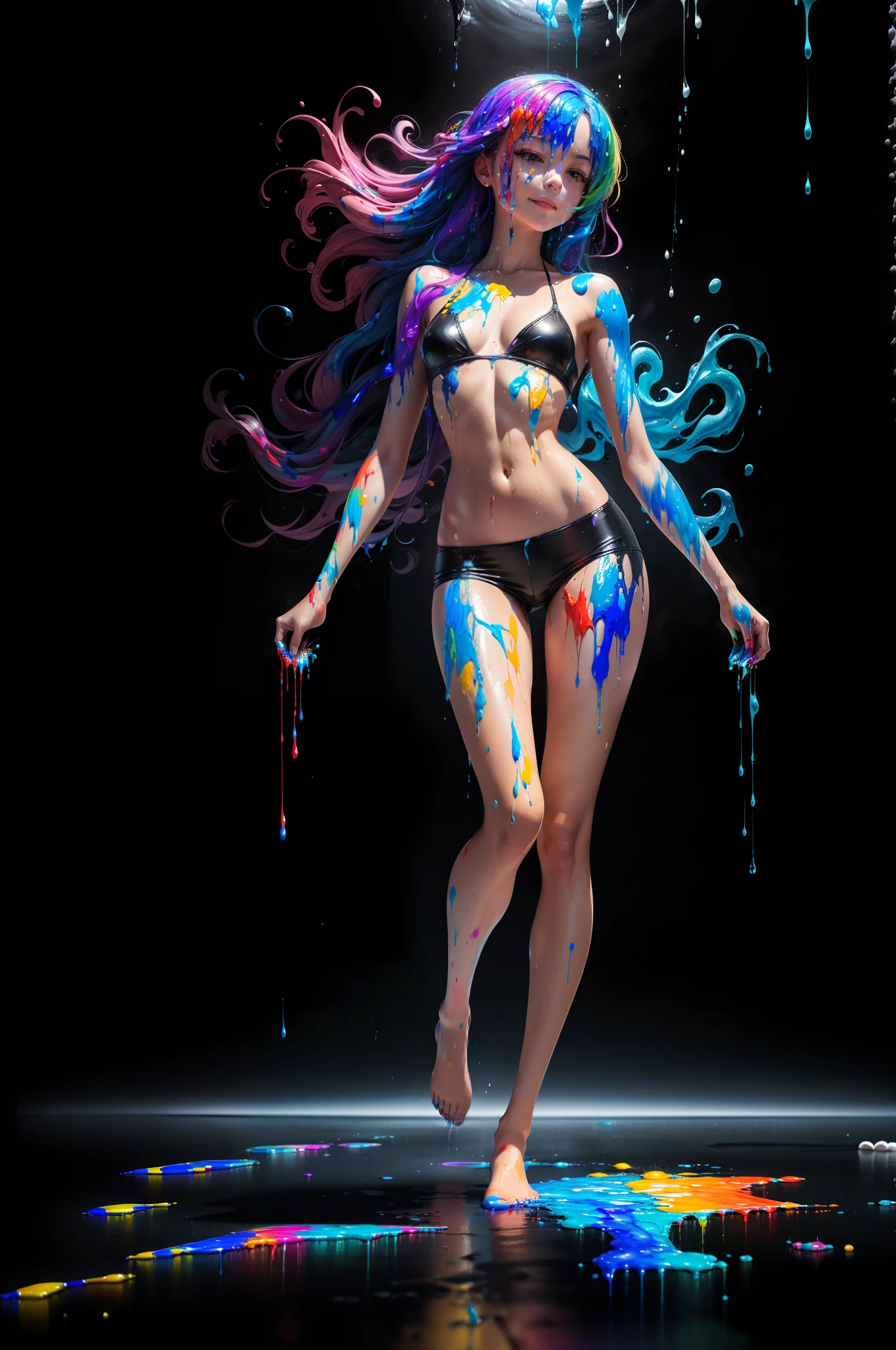 Colorful Paint raining, thick Paint rainbow hair, (one woman floating in black space)), small hip, small but, small breasts, slim body, full body view, looking at each other, close up, looking into the distance, ((floor is black water, no floor, black background, no background, black abstract space)), bodies covered with paint, sfw, calm facial expression, relaxed, gentle smile, ((paint instead of clothes, clothes made of liquid paint, no clothes)), ((perfect hands)), detailed, ((correct anatomy)), volumetric paint explosion, vibrant colours, level detail