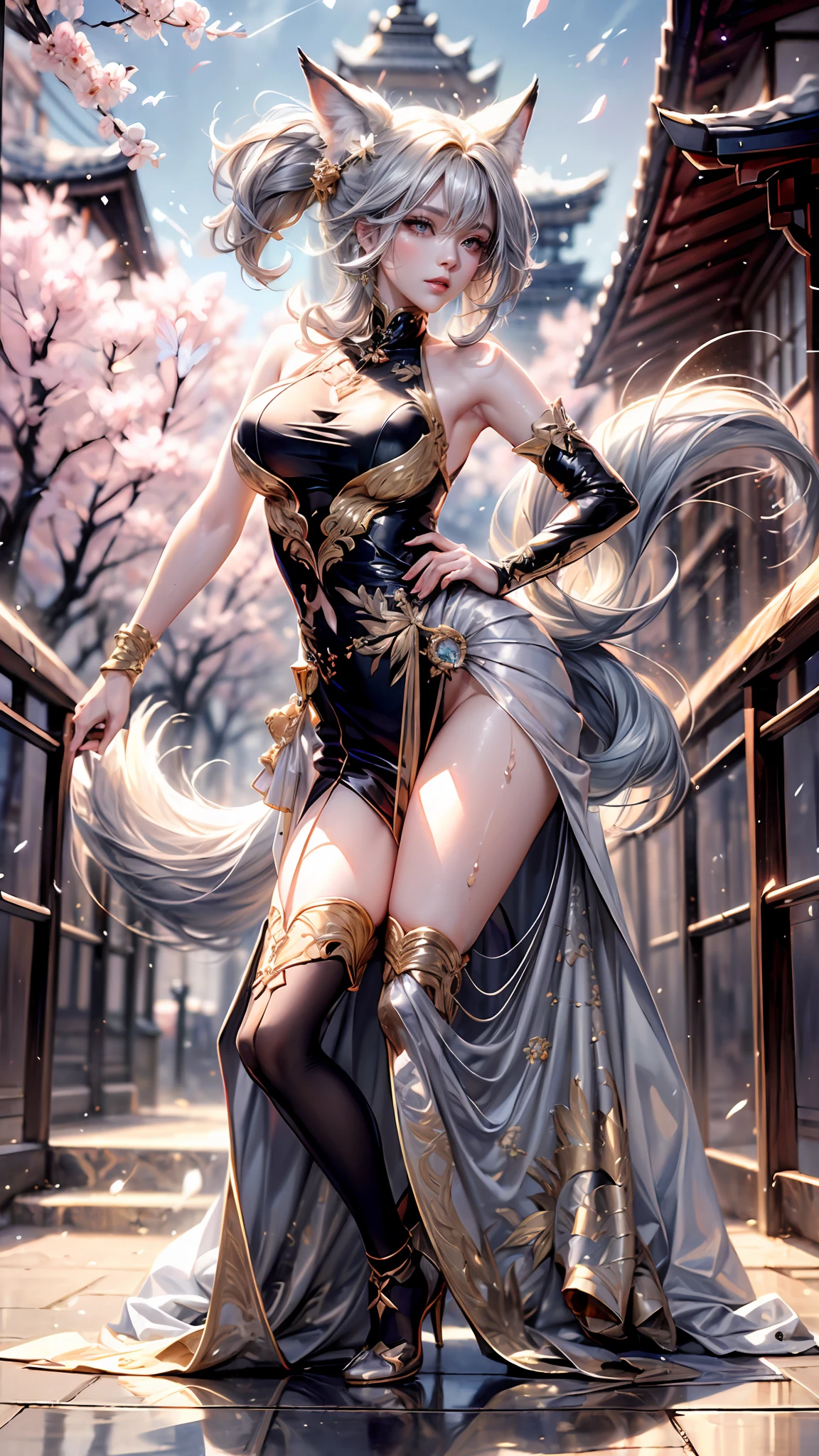 Best quality, hyper-high detail, very high res, hight contrast，brightcolors，Extremely detailed CG, 真实感，absurd res，fox ear，Huge colorful fox tail， 8K,Colorful, A 20-year-old nine-tailed fox girl,East Asian girl，Place your hands on your waist，Perfect body shape,(long leges:1.6)，ssmile，Light turtleneck shirt，Detailed clothing patterns，tiese，(full body:1.3),Solo, in a panoramic view，Mannequin，kneels on the ground，high-heels，(Black eyes), (Gray hair to the shoulders), Extremely long white diamond hair floating, yellow ribbon, Beautiful eyes,(usa ropa blanca:1.3),Wet clothes, white  skirt，detailed and beatiful face and eyes, ((Shiny skin)), Shiny hair, (detailed and beautiful shiny clothes, Temple，holy rays，japan temple，the cherry trees，Cherry blossoms flying，Rained，(dynamicposes:1.3)，low perspective，