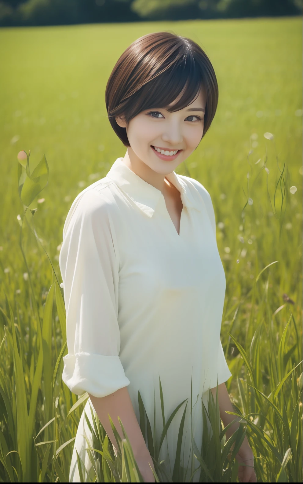Lotus field in spring、smil、Cute Japan woman in short cut、Short-cut hairstyles、Photorealsitic、Beautiful detailed eyes、Hyper-Realism、highcontrast、Ultra HD、realistic skin textures、Top image quality、top-quality、超A high resolution、Fine details、Very meticulously