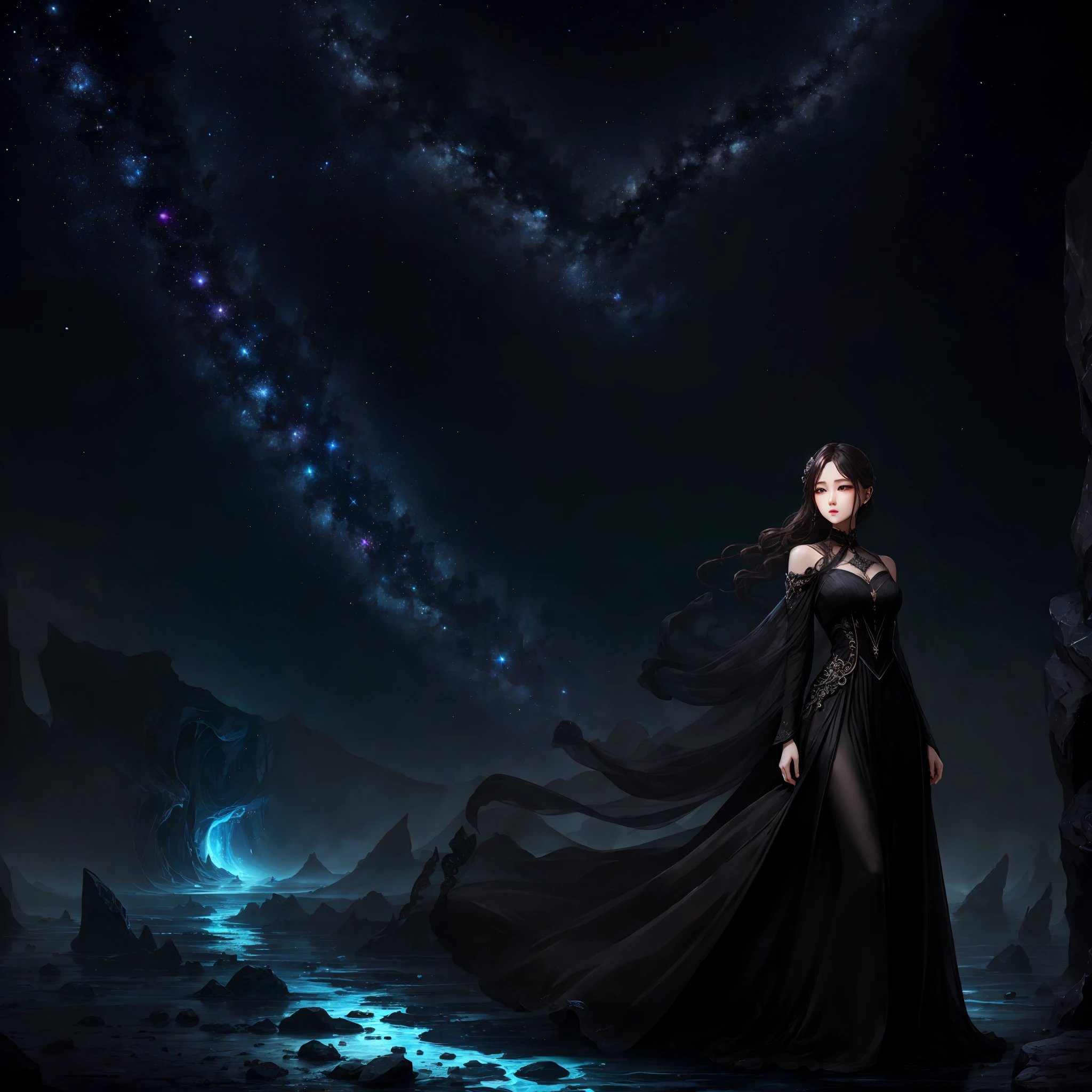 As deep as the starry sky,Charming maiden,Cool temperament,Dead silence,Black long straight,Black crystal long dress,noble,opulent,Ultimate fantasy,Face the abyss --auto