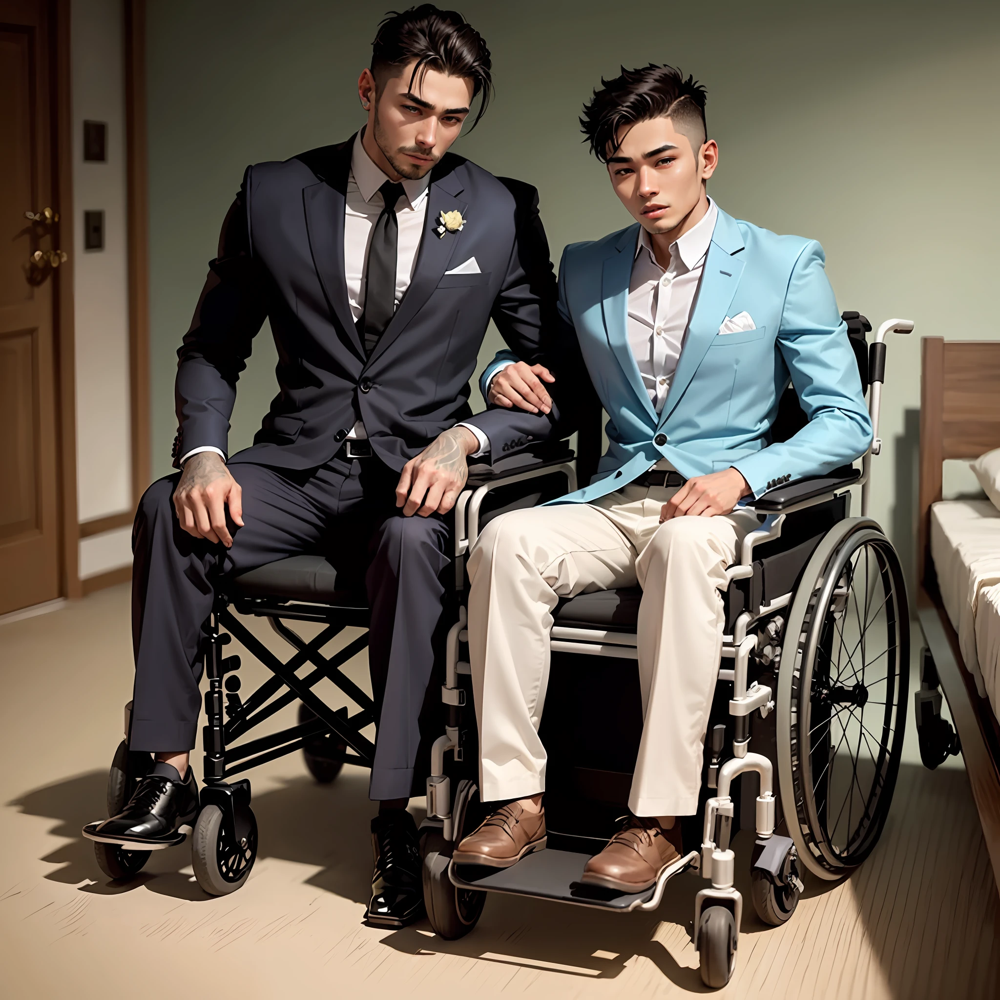 Real Human,Handsome guy in suit wheelchair,Both the older and younger brothers are in wheelchairs,height is 180 cm,quadriplegia,Life cannot take care of itself,Handsome and handsome,Slim figure,Lie down in bed --auto