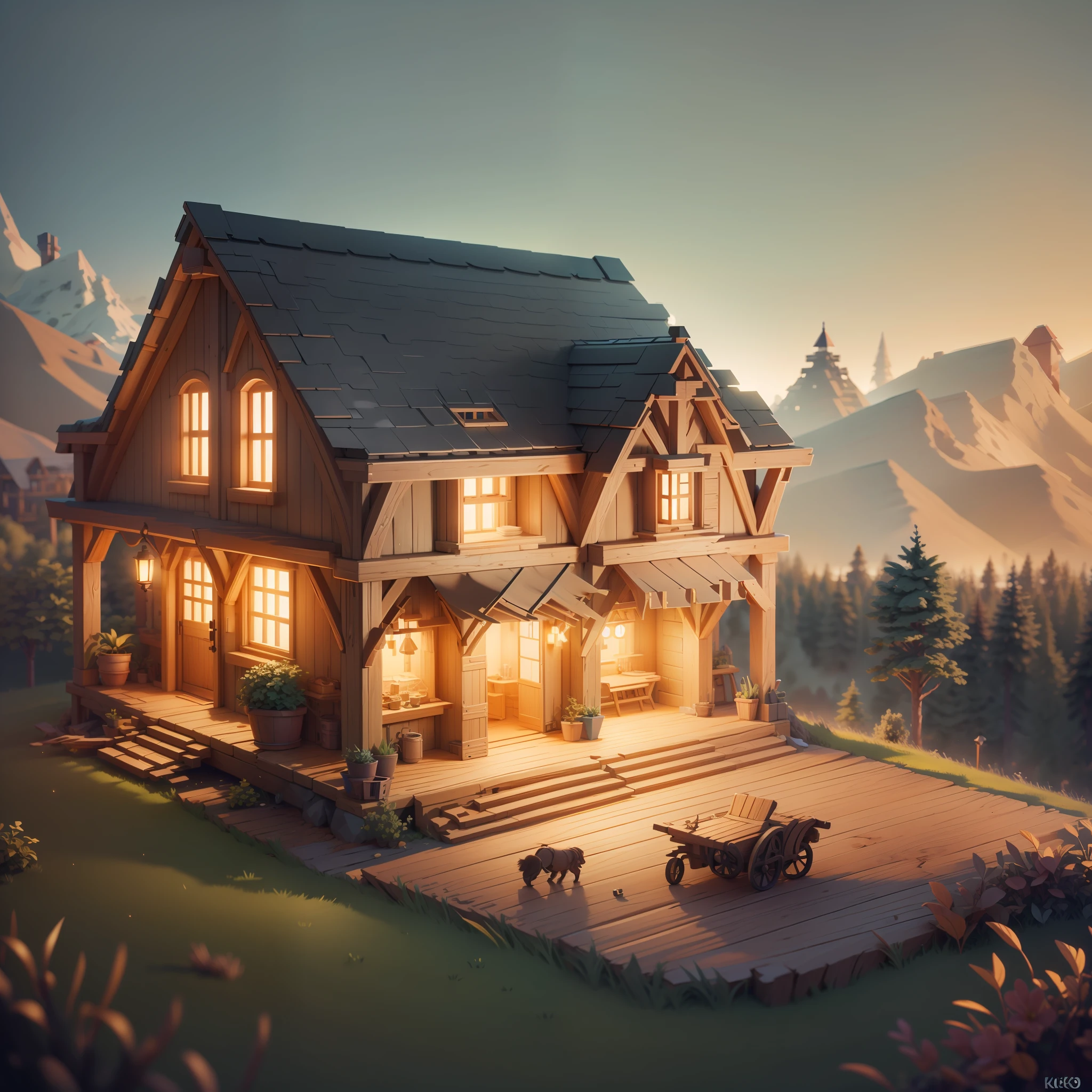 Masterpiece, best quality, (very detailed CG unity 8k wallpaper), (best quality), (best illustration), (best shadows), isometric 3D , octane rendering, ray tracing, highly detailed, 1house, wood construction, in top hill, have a lawn, sunset, warm light, beautiful design, detailed.