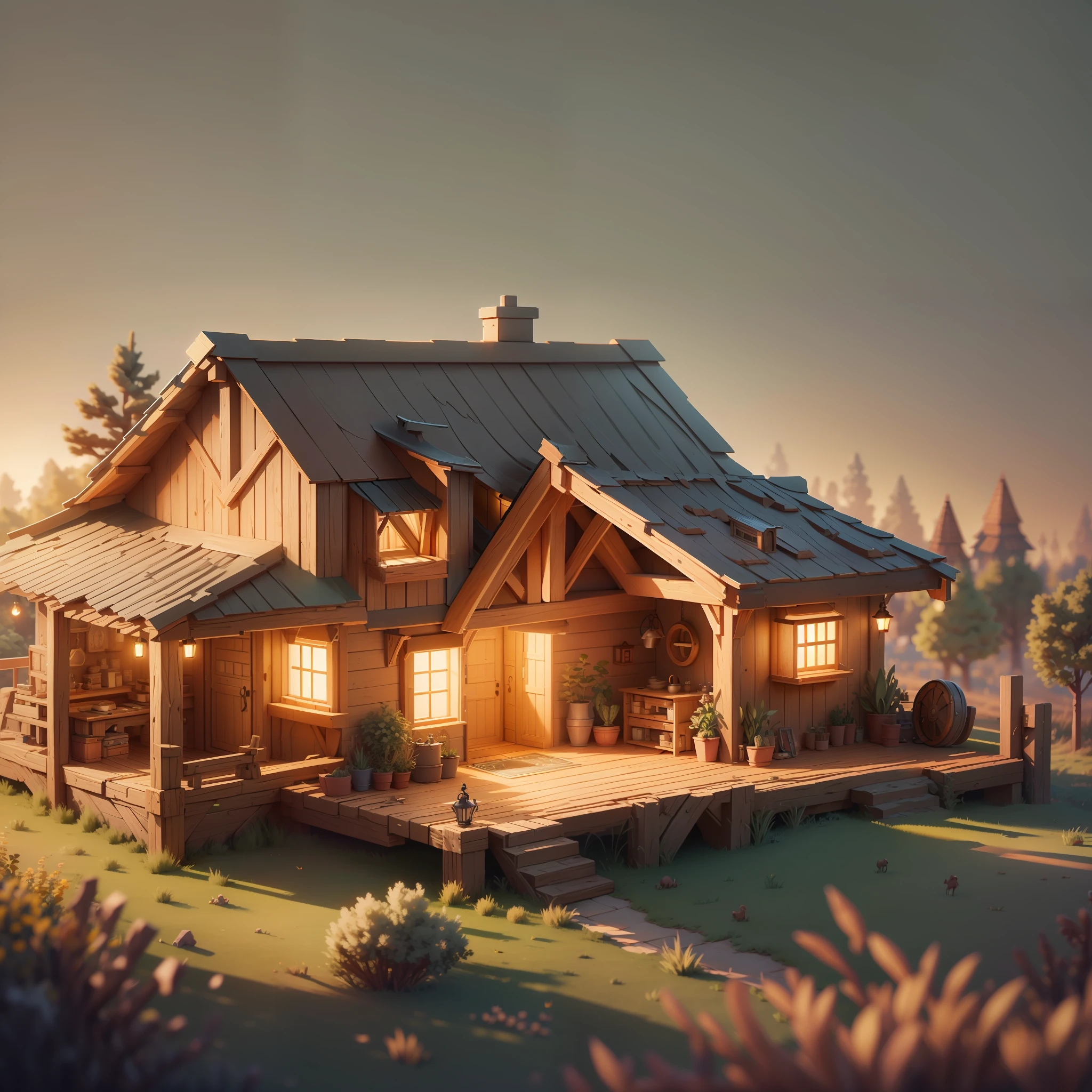 Masterpiece, best quality, (very detailed CG unity 8k wallpaper), (best quality), (best illustration), (best shadows), isometric 3D , octane rendering, ray tracing, highly detailed, 1house, wood construction, in top hill, have a lawn, sunset, warm light, beautiful design, detailed.