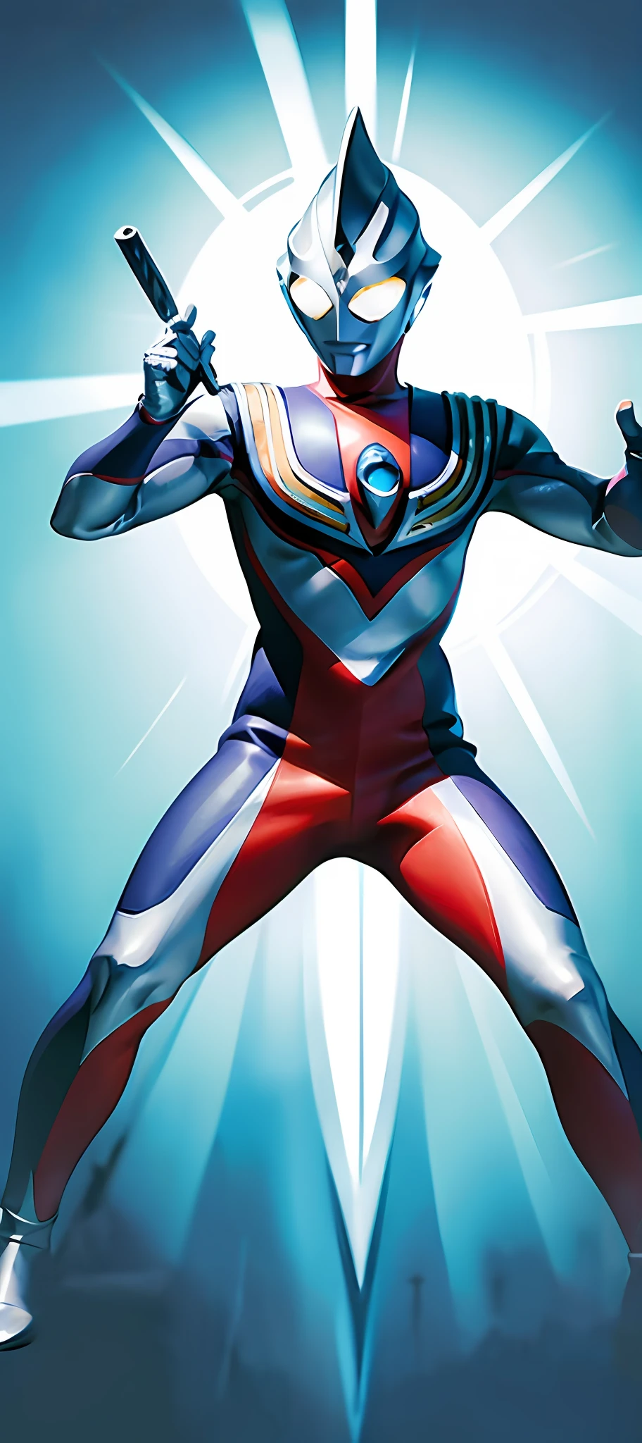A close-up of a person in a suit with a sword, an epic anime of a energy man, High fantasy Ultraman, Ultraman, Ultraman characters, s Ultraman, Tokusatsu, covered in full silver armor, anime robots, fourze, trigger anime artstyle, cyber japan armor, kamen rider action pose, SSSS.s Ultraman, Official Art The right hand holds a spear