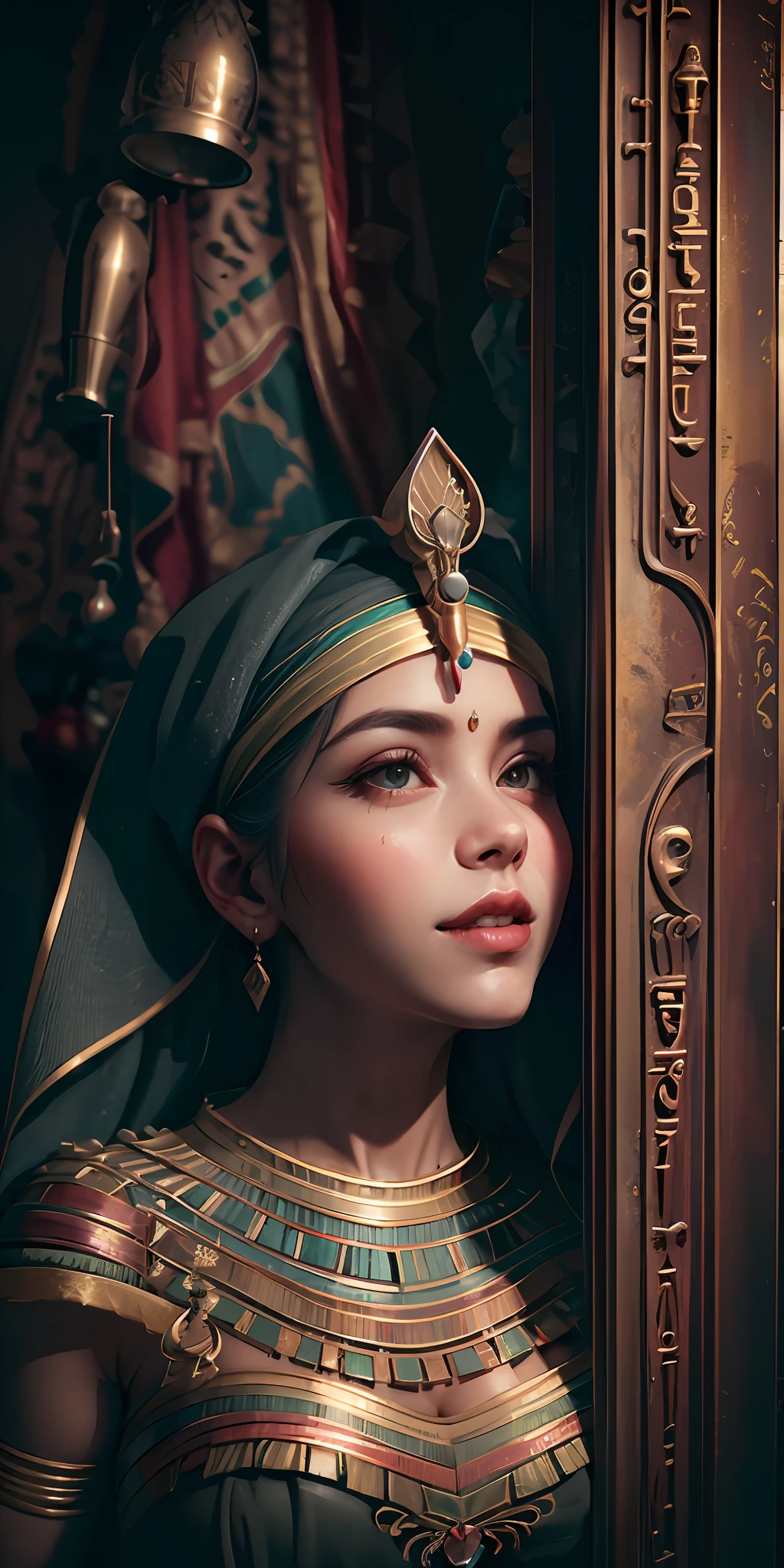 (em perspectiva) a beautiful Egyptian, sexy quente, perfeito, 18 anos, Cabelos lisos, long to feet and loose, pele dourada sedosa (Oily lighting) fleshy lips, Egyptian headscarf, jewelry and bracelets (fotorrealista:Fotorealista, 8k Obra-prima), with a gold and white plunging Egyptian garment, tela preta ((fundo preto)), (hiper realista:realista detalhes intrincados), sorrindo: sensual features, (Texture and environment well detailed pure perfect lighting).