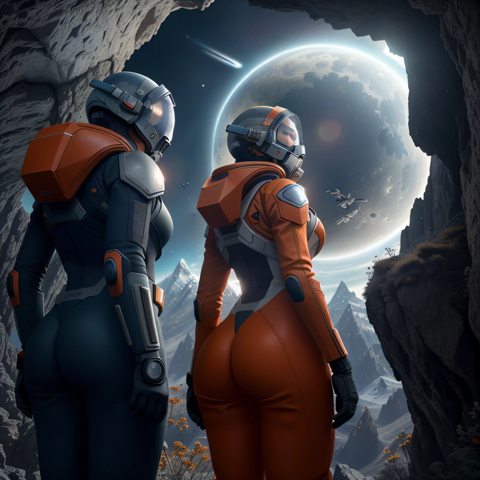 rear angle, Highly detailed RAW color Photo, Rear Angle, Full Body, of (female space soldier, wearing orange and white space suit, helmet, tined face shield, rebreather, accentuated booty), outdoors, (looking up at advanced alien structure, on alien planet), toned body, big butt, (sci-fi), (mountains:1.1), (lush green vegetation), (two moons in sky:0.8), (highly detailed, hyperdetailed, intricate), ((DAY TIME)), (lens flare:0.7), (bloom:0.7), particle effects, raytracing, cinematic lighting, shallow depth of field, photographed on a Sony a9 II, 50mm wide angle lens, sharp focus, cinematic film still from Gravity 2013, from behind