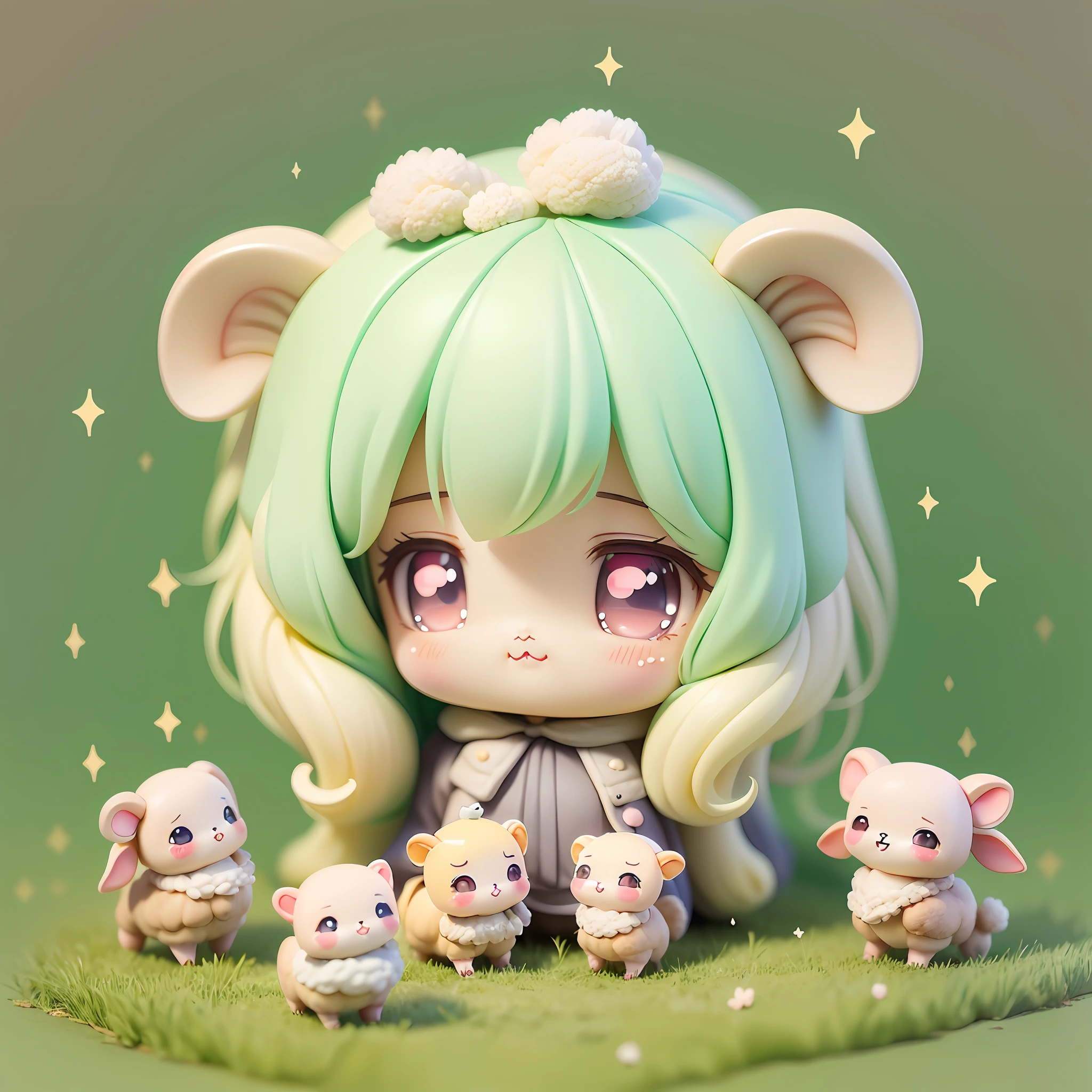 (chibi:1.3), sheep around, sheep everywhere, flock of sheep, kawaiitech, kawaii, cute, pastel colors, best quality, happy