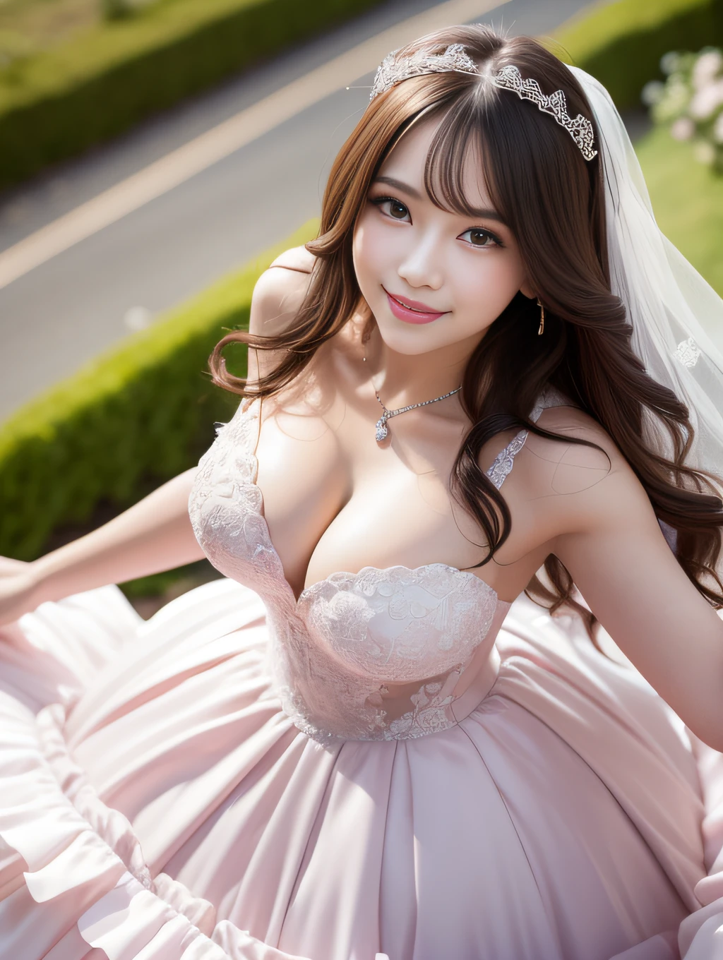 (best quality, masterpiece:1.2), (realistic:1.3), (ultra-detailed background, detailed background), bokeh, sexy cleavage, frilled dress, lace-trimmed dress, bridal tiaras, gorgeous pink wedding dress, luxury wedding dress, classic wedding dress, bridal veil, bridal gauntlets, bridal cascading bouquet, upper body, wedding at church, from above, the skirt spreads round and wide, 1girl, cute, age, posing, smiling, dynamic angle, dynamic pose, very long hair