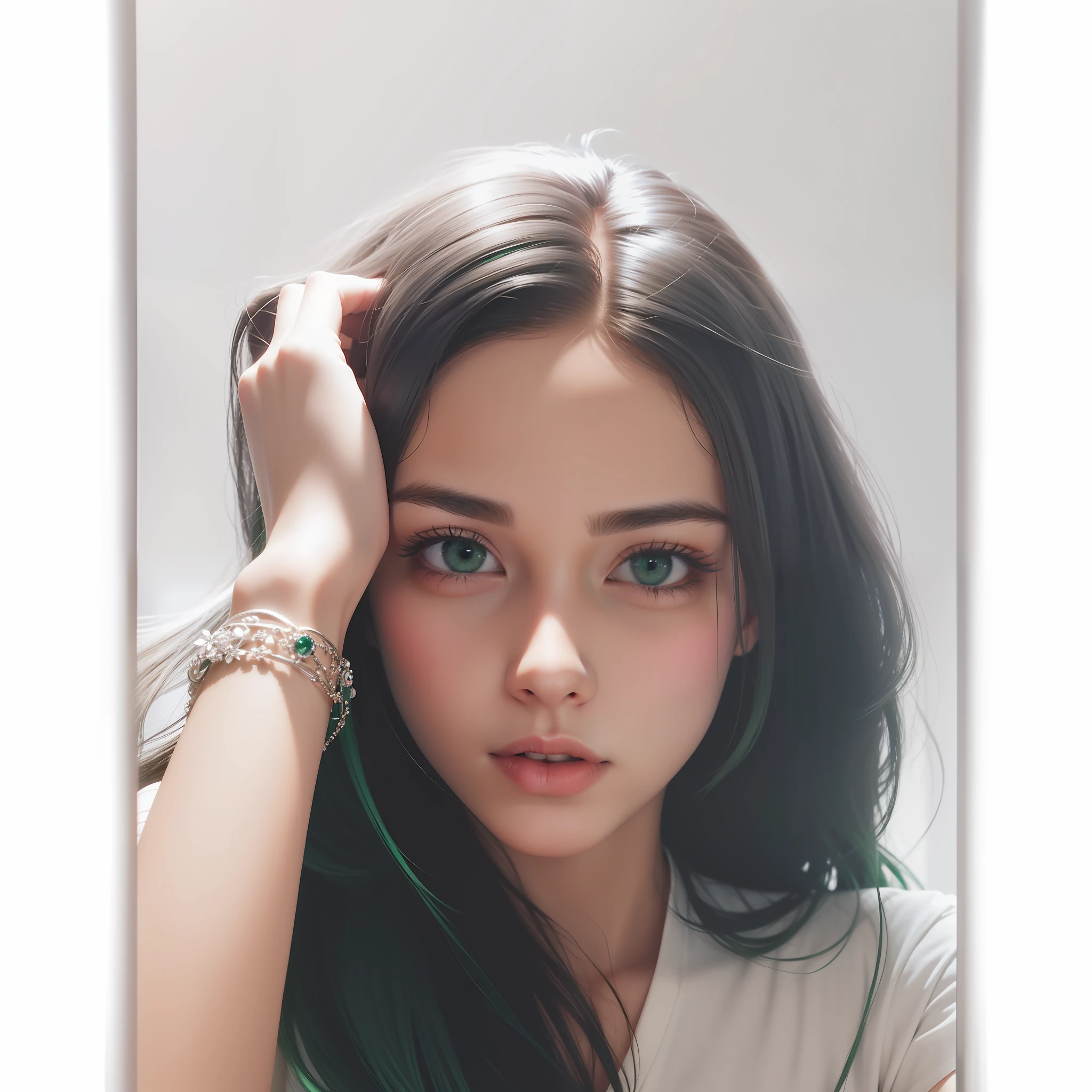 beutiful girl, long hair, black hair, white skin, green eyes, white tshirt