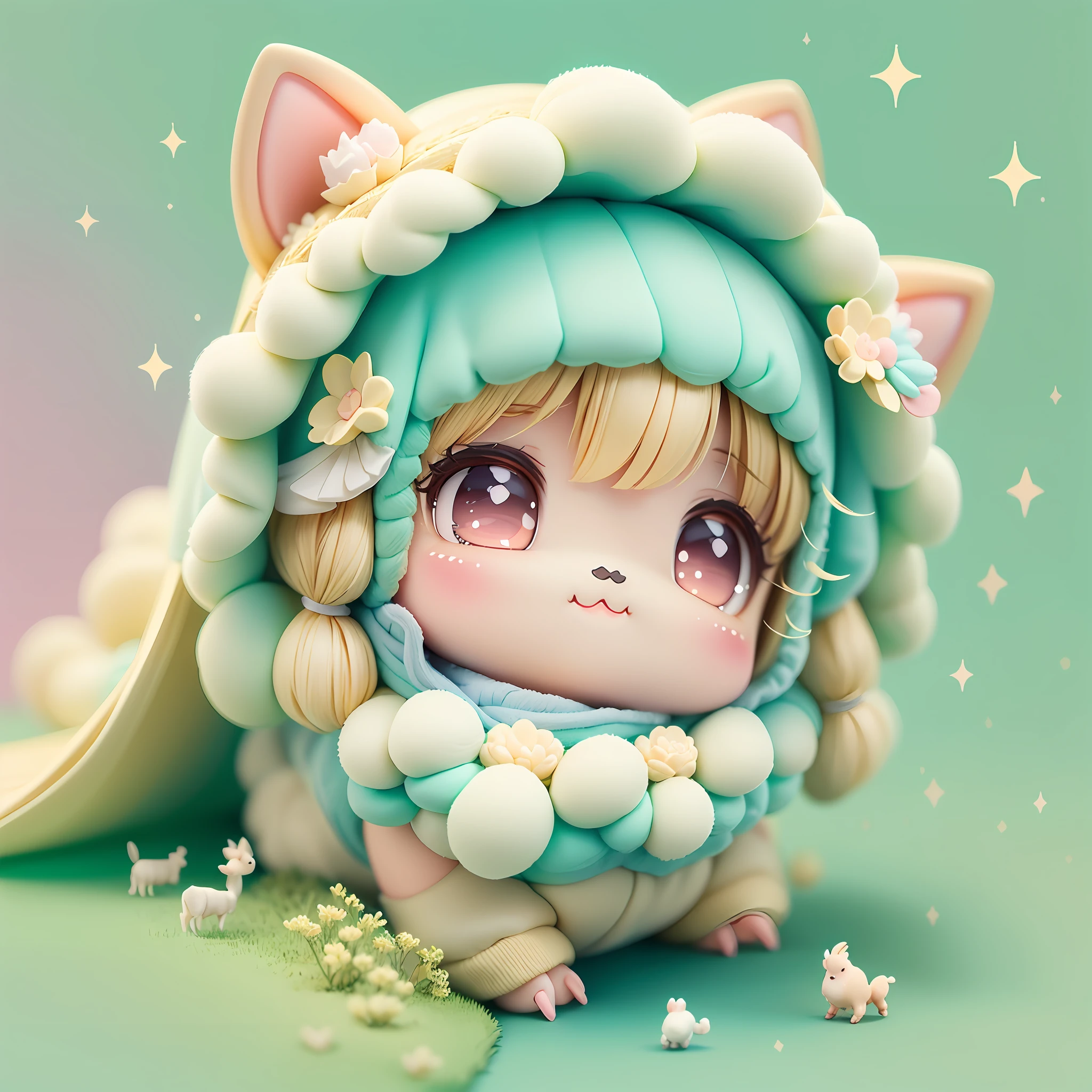 (chibi:1.3), sheep around, sheep everywhere, flock of sheep, kawaiitech, kawaii, cute, pastel colors, best quality, happy