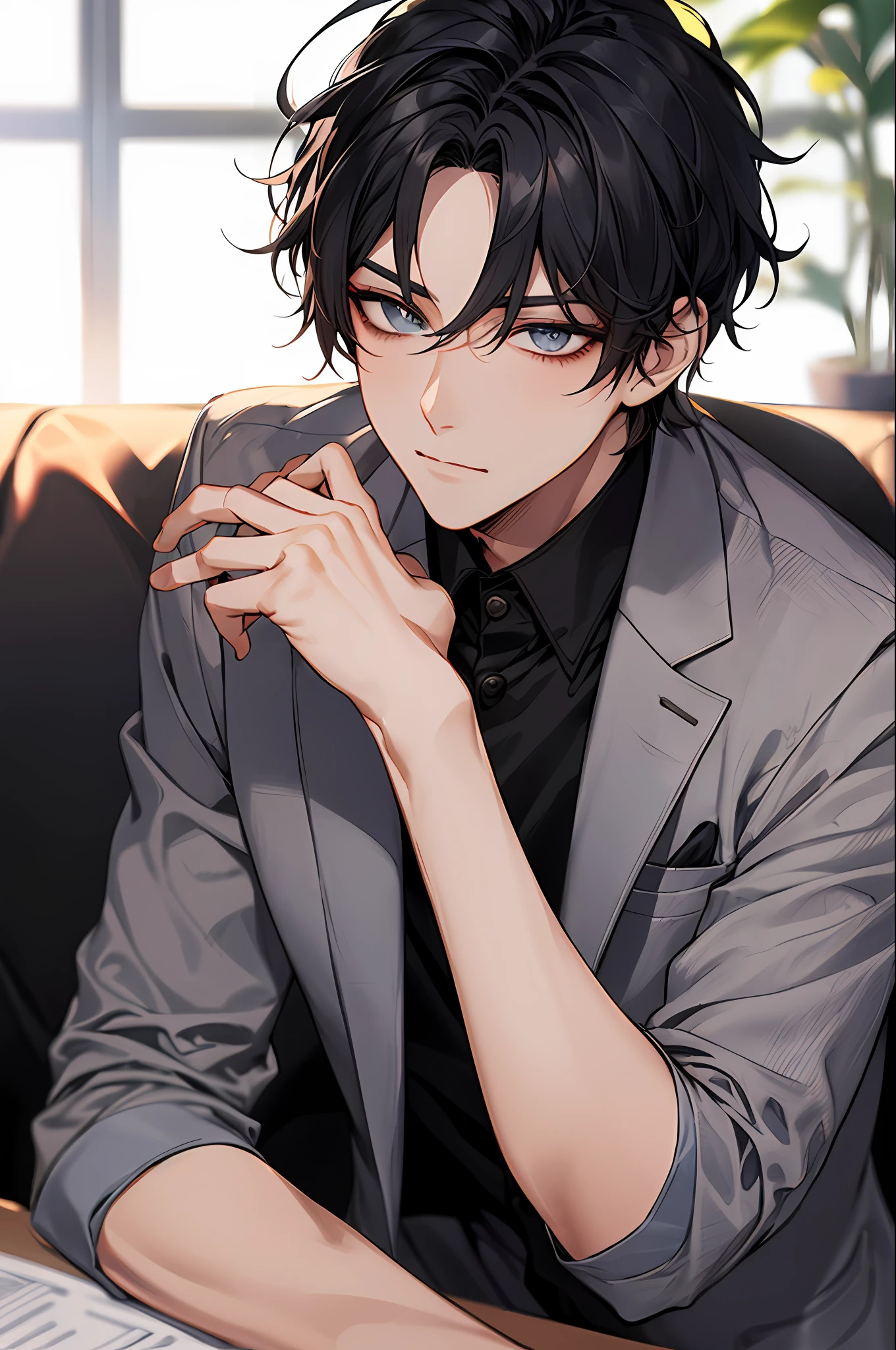 1 Men，short detailed hair，Black color hair，（Eye 1：2，Clear eyes，Elaborate Eyes，Delicate pupils，good eyes，eye detailed），Face focus，Adult，In black suit，best qualtiy，detail in face，in a office，Sit at your desk，sitting in the couch，Lazy，细致背景，Diffused sunlight，depth of fields，Background bokeh，Looking into the distance，