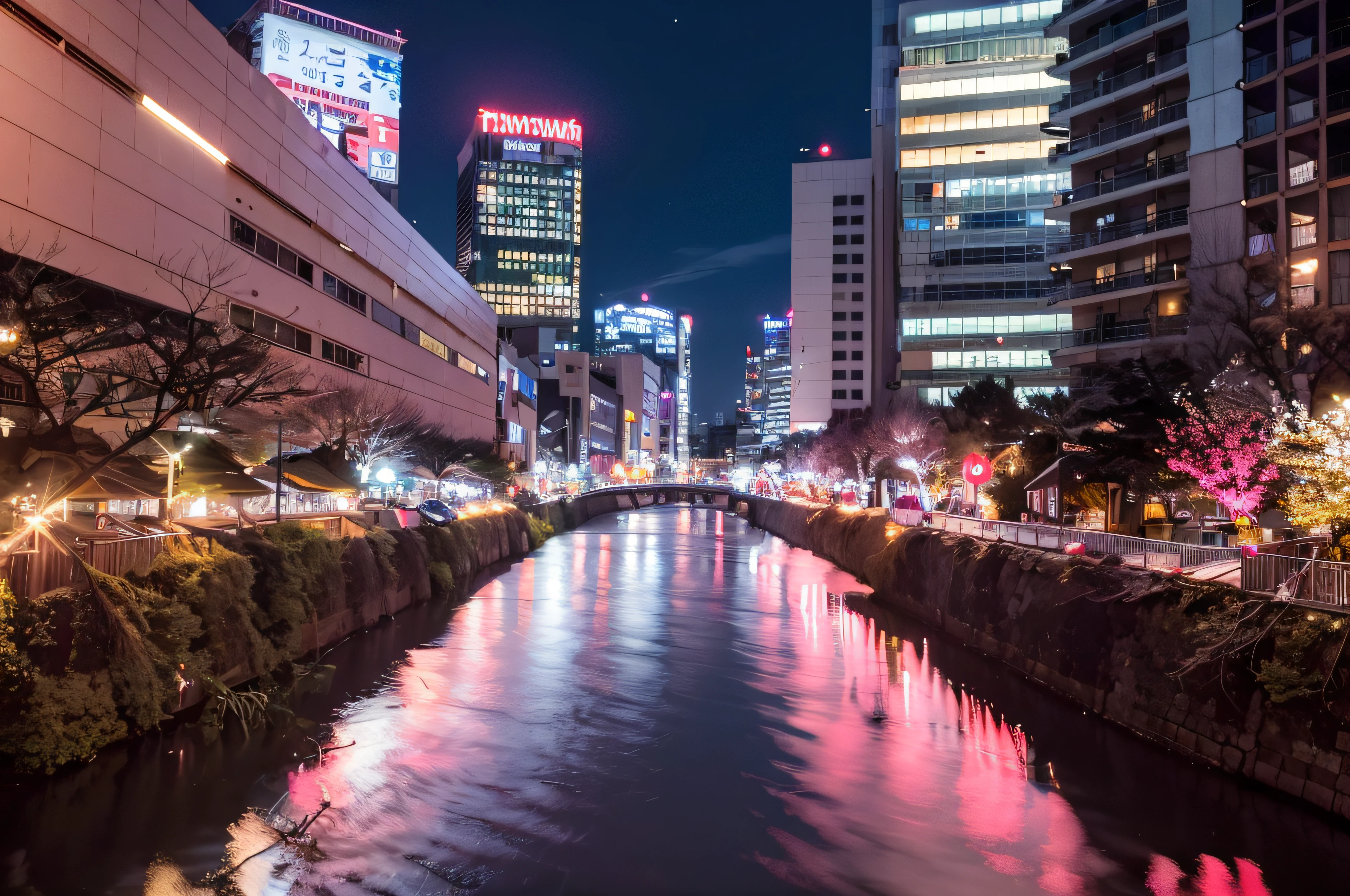 Arahur city at night with pink light reflected in the water, in tokyo at night, sakura season dynamic lighting, japanese city at night, The river is full of light, japanese downtown, Japan at night, taken with sigma 2 0 mm f 1. 4, Tokyo at night, in a japanese town at night, TOKYOcty, japanese city, tokio city, tokyo japan