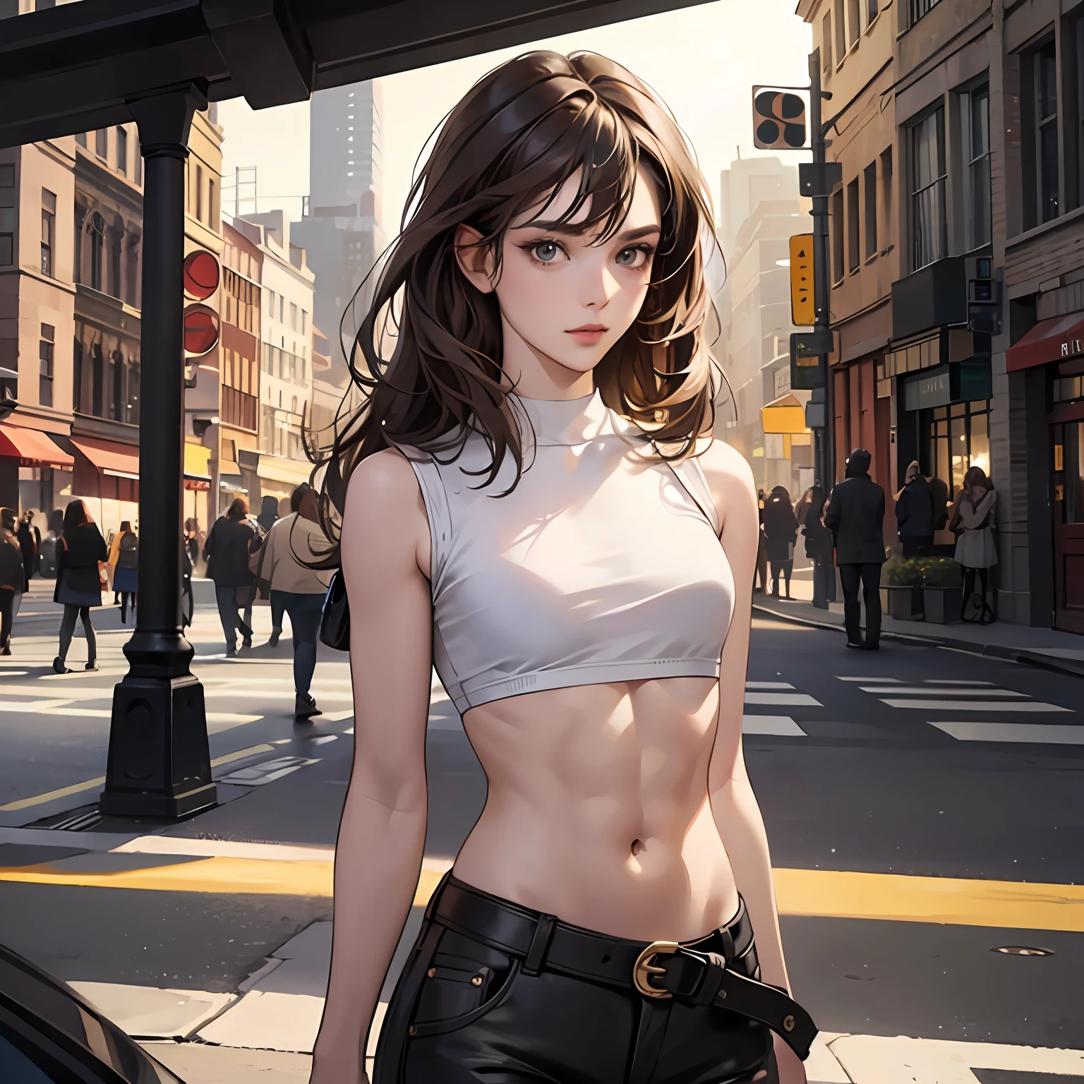 ((Realistic lighting, Best quality, 8K, Masterpiece: 1.3)), Clear focus: 1.2, 1girl, Perfect Figure: 1.4, Slim Abs: 1.1, ((Dark brown hair)), (White crop top: 1.4), (Outdoor, Night: 1.1), City streets, Super fine face, Fine eyes, Double eyelids, --auto