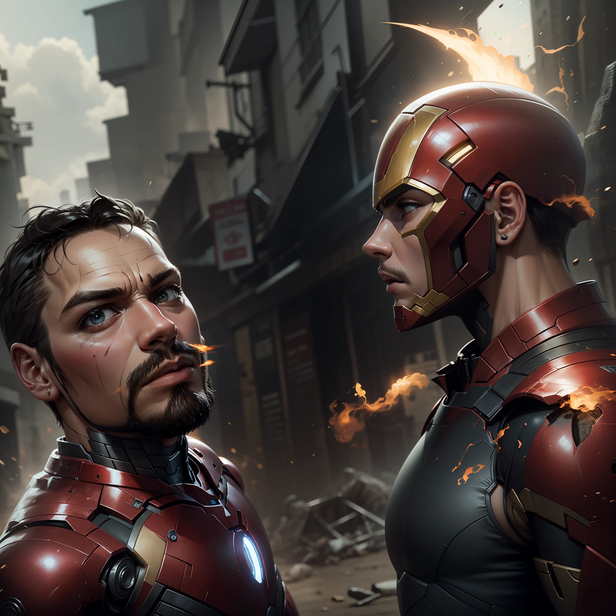 Convert this person suits into iron man suits with complete background of Marvel studios battle ground. Face of the person must be as clear as real .