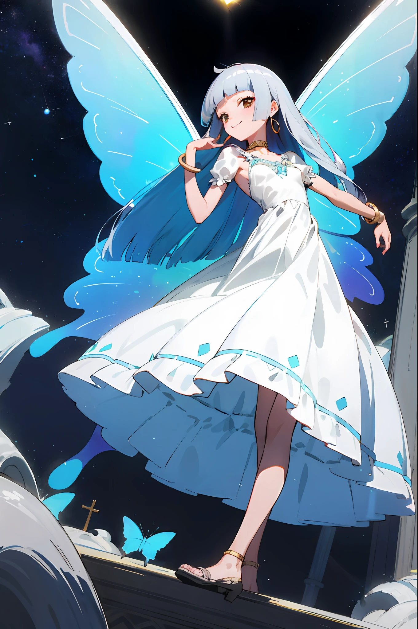 NFSW,absurderes, hight resolution, ((masutepiece)), animesque、((Best Quality)), (Ultra-detailed), ((Extremely detailed)), (Beautiful), ((Kawaii Girl)), (Lori:1.8), 独奏,(Infant 10 years old:1.6)、Beautiful face、White skin、Midnight Castle Balcony、The girl who controls the stars、Shiny long colorful hair、Gold and silver hair ornament、Slender Princess, (Small breasts:1.6)、BREAK、The upper part of the body、Gentle face、(Blunt bangs:1.6),Ephemeral、(Princess dresses in white tones:1.3)、The surroundings are shining、Noble look、Bright smile、Girl's hair flutters in the wind、(Lifted skirt:1.2)、Fantastic light night sky、high-angle、Gold bangles、Gold Choker、Gold Earrings,See more、(Meteorite behind you)、Diabolical、Rasboss feeling、Butterfly wings on the back、Inappropriate smile