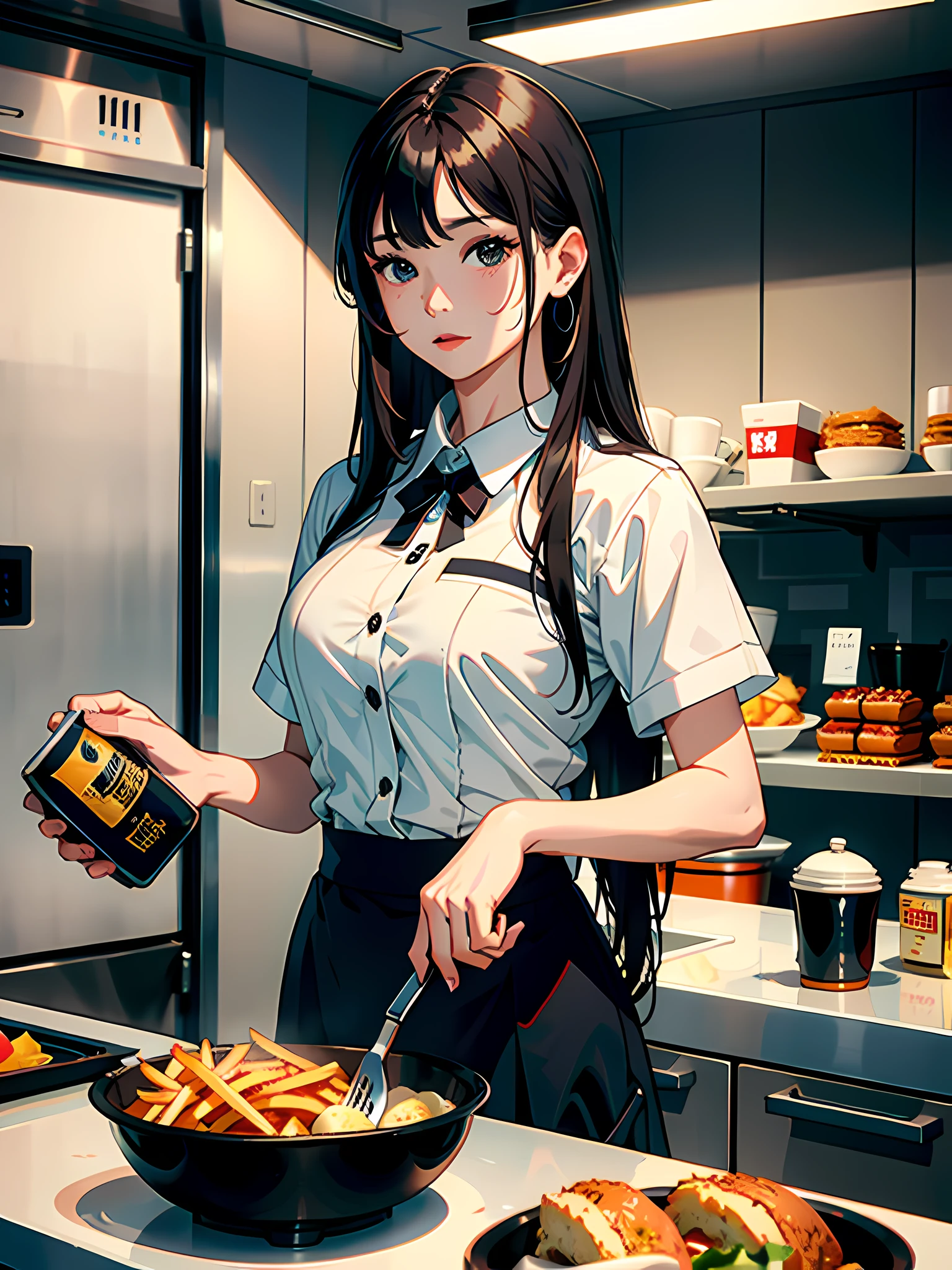 Works of masters，Best image quality，Higher quality，high detal，超高分辨率，HDR，and its intricate details，8K分辨率，bust，exquisite facial features，s the perfect face，Glowing skin，Kizi，solo person，(cook)，arrogant，long whitr hair，brunette color hair，Fast food uniforms，Cafeteria，（kitchens）