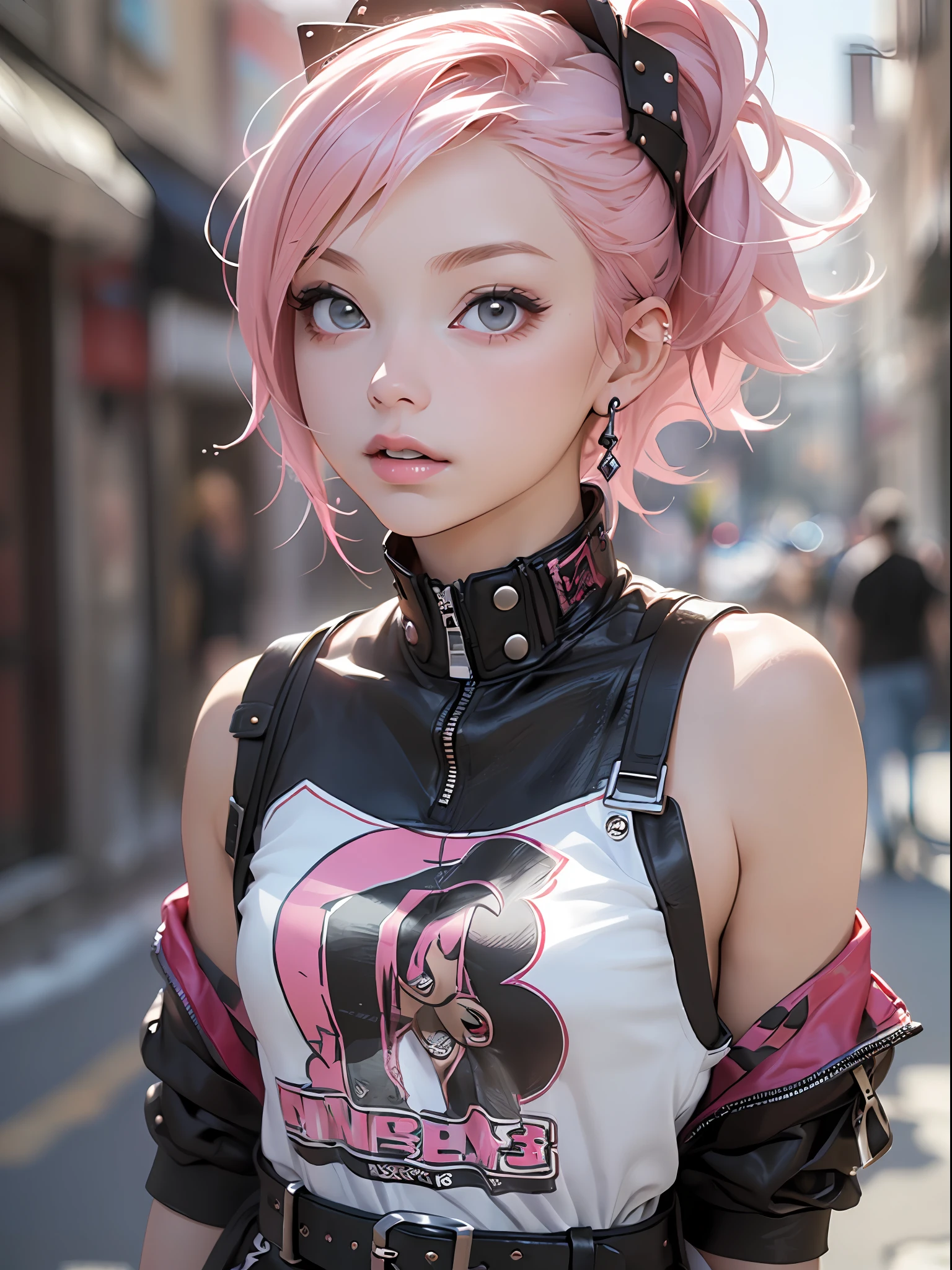 (top-quality、8K、32K、​masterpiece、nffsw:1.3)、(Photorealsitic:1.4),18-year-old punk girl,Punk hair,punk fashion,A pink-haired,Street background,depth of fields,blurry backround,,,,,,,,,,,,