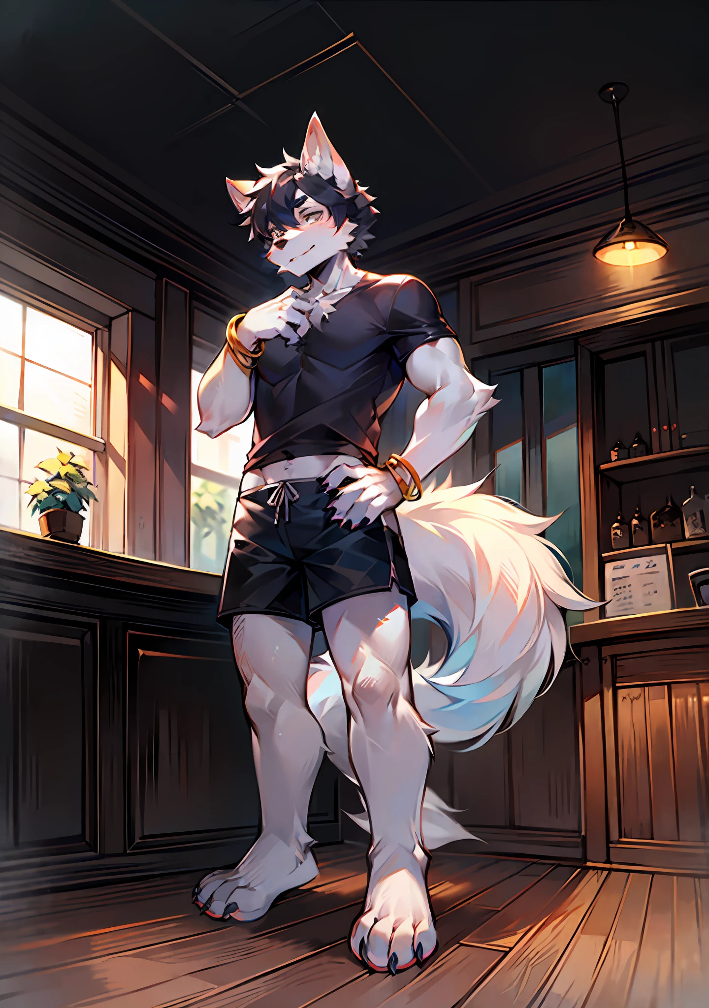 High Picture Quality，coffeehouse，potted，mid day，blue-sky，solo person，Wolf animal human form，musculature，No spot，male figure，short detailed hair，Dark gray fur，Hairy wolf tail，Deep gray tail root，White tail tip，White paws，Hands naturally droop，The limbs are wolf paws，4 fingers，4 toes，Look to the left，Blackn clothes，Black  shorts，Silver bracelet，stand posture。