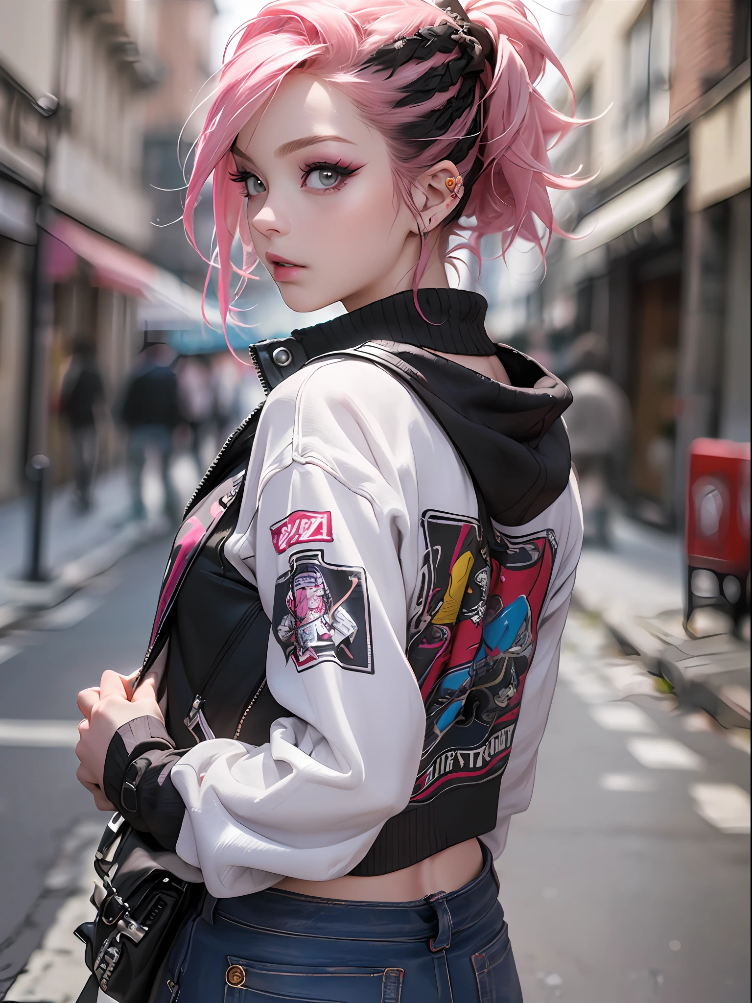 (top-quality、8K、32K、​masterpiece、nffsw:1.3)、(Photorealsitic:1.4),18-year-old punk girl,Punk hair,punk fashion,A pink-haired,Street background,depth of fields,blurry backround,,,,,,,,,,,,