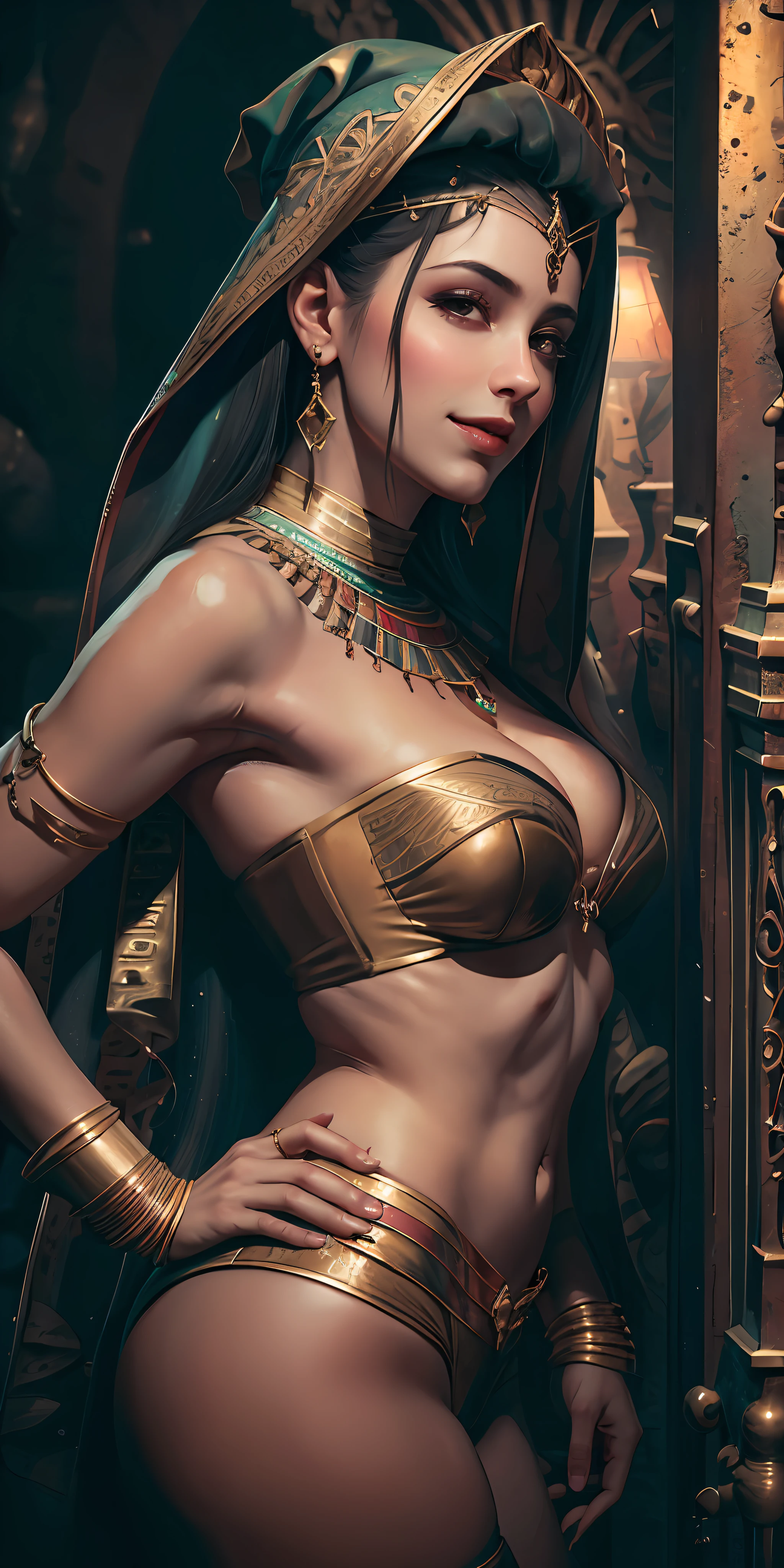 (em perspectiva) a beautiful Egyptian, sexy quente, perfeito, 18 anos, Cabelos lisos, long to feet and loose, pele dourada sedosa (Oily lighting) fleshy lips, Egyptian headscarf, jewelry and bracelets (fotorrealista:Fotorealista, 8k Obra-prima), with a gold and white plunging Egyptian garment, tela preta ((fundo preto)), (hiper realista:realista detalhes intrincados), sorrindo: sensual features, (Texture and environment well detailed pure perfect lighting).