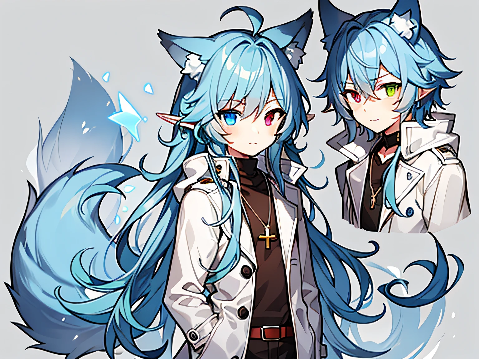 1 boy, (Heterochromic pupils), mid - length hair, Light blue hair, White skin, Slight smile, Warm look. Fresh and cold boy character,Light trench coat,Wolf ears,Wolf tail,(One tail),(Wolf Tail highlights the sense of belonging to the character),RPG elf, Role-playing emojis,(Red and blue heterochromic eyes),(Wolf ears),(Wolf tail),Slim-fit white gray trench coat,围巾,black long boots,cross necklace,Full body photo,(Pick dyeing)