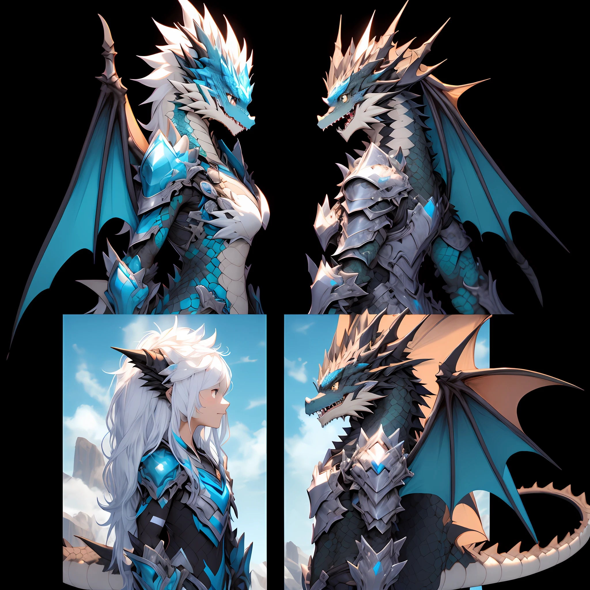 On the left is a human girl with white hair, On the right is a humanoid dragon, epic sense, The two were dressed in costumes, The armor has a dragon pattern, Similar to Demon Dragon armor, Armor similar to plate armor, Blue armor inspired by dragons, It has dragon scale decoration, Like Monster Hunter armor, Fractal ceramic armor features, Stern and mighty, Scaly monolithic armor, The two are handshaking, The girl on left side has no wings, Has human hands, The humanoid dragon on the right side has dragon characteristic as wings dragon claws and tail.