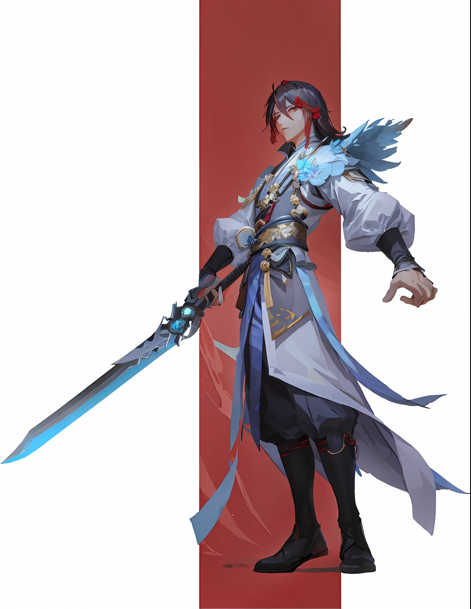 Anime characters with sword and wings standing in front of red and white background, Keqing from Genshin Impact, zhao yun, zhongli from genshin impact, heise jinyao, author:Chen Jiru, krenz cushart and wenjun lin, xianxia hero, Genshin impact's character, Liang Xing, by Yang J