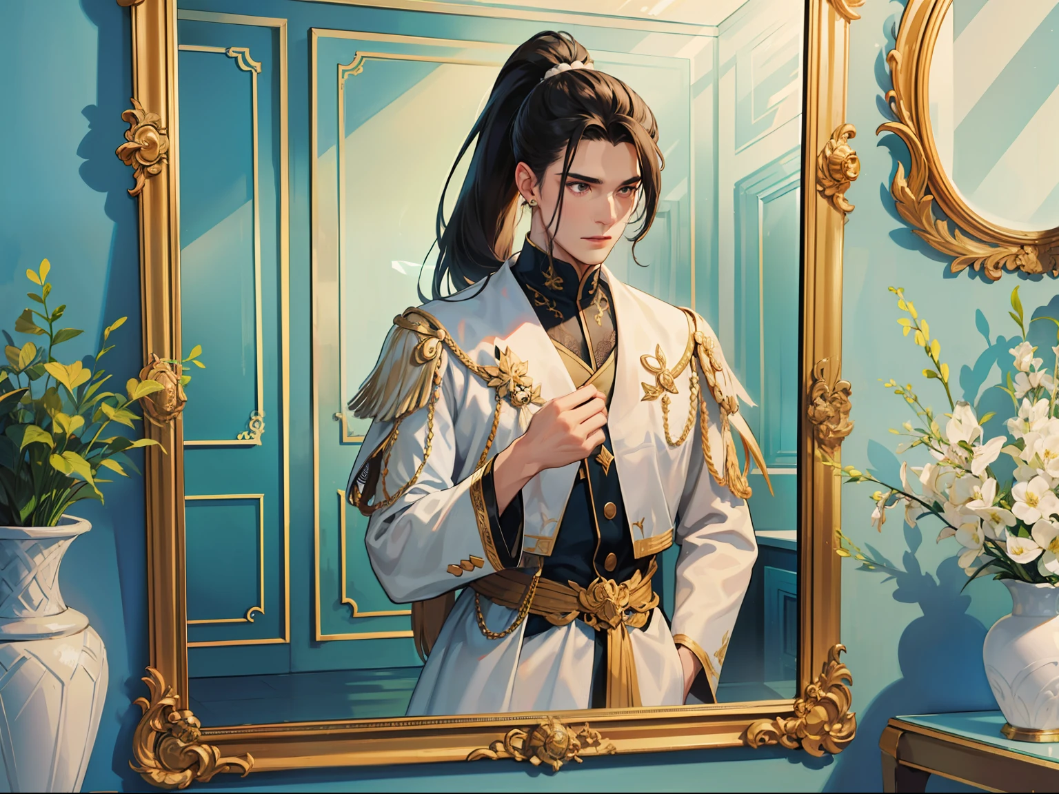 of a guy,cabelos preto e longos,High ponytail,Wearing a delicate white fairy costume,Behind him is a mirror