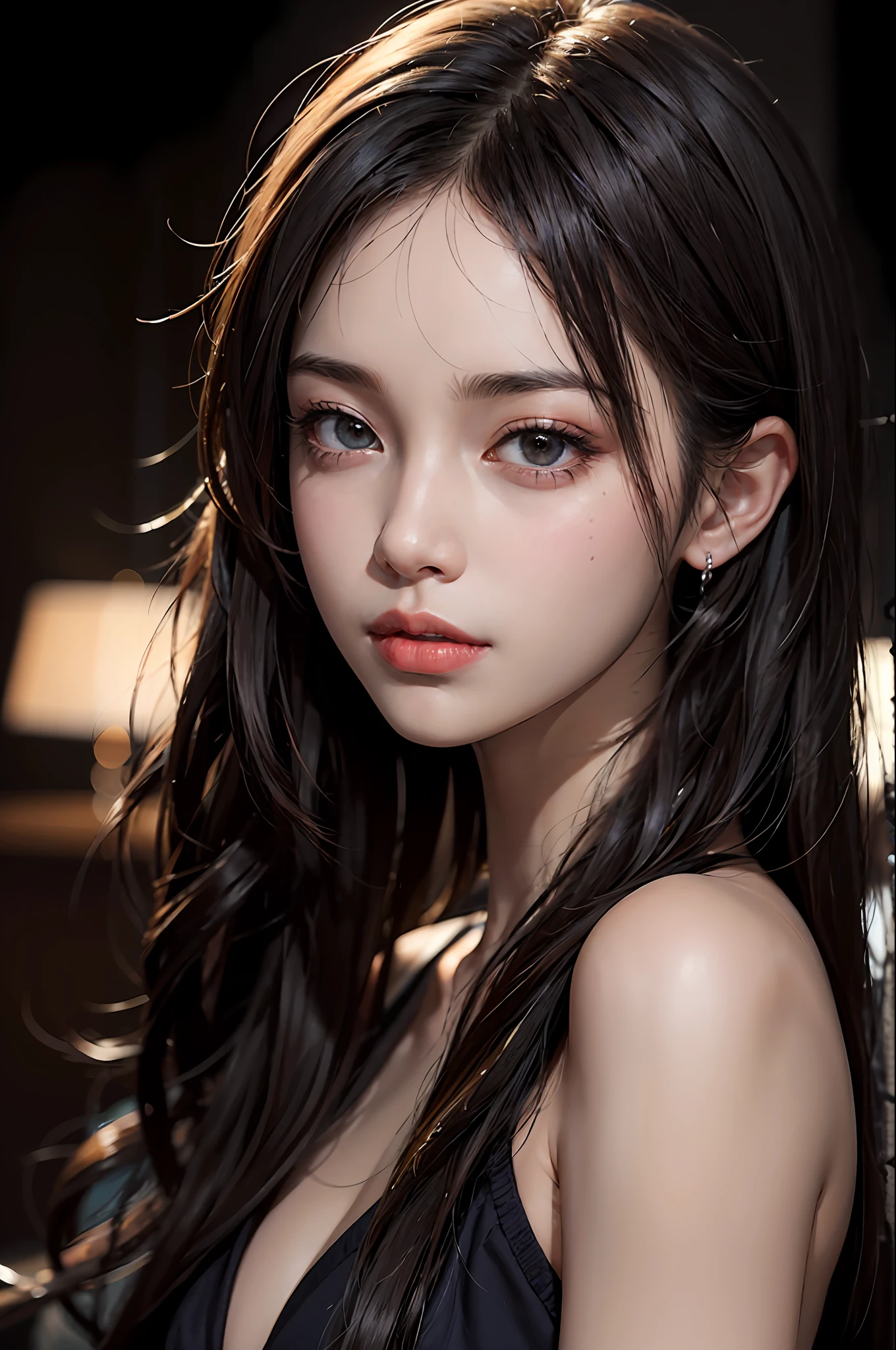 A 24-year-old woman,(high-top fade:1.3),long whitr hair,dark themes,soothing tones,pastel colour,hight contrast,(Natural skin texture,ultra-realistic realism,the soft light,sharp),