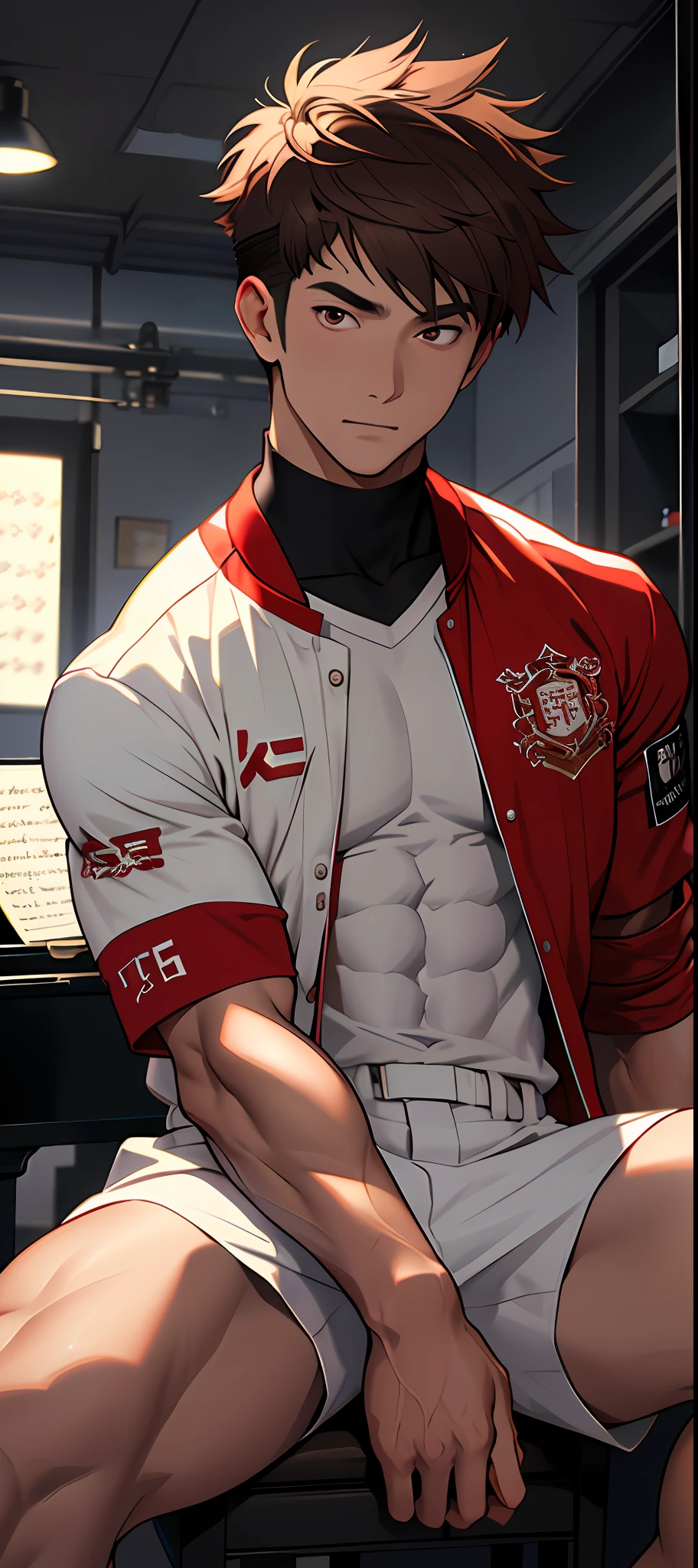 (masterpiece, best quality), 1man, musculous, short detailed hair, with brown eye, 复杂, (dress room), full bodyesbian, White baseball uniform, Open red jacket, vivd colour,(depth of fields:1.2),(abs),Be red in the face，looking at viewert，A piano，spread their legs，Exquisite lighting effects