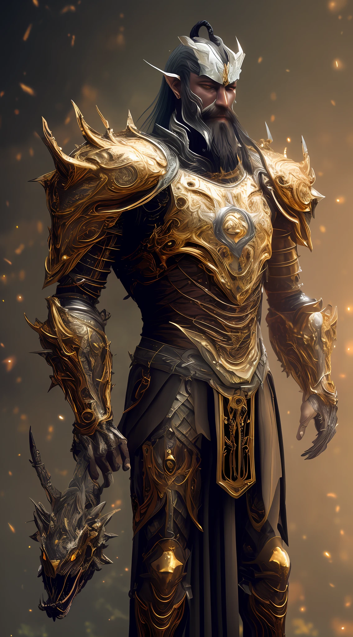 a close up of a man in armor with a sword, gold heavy armor. Dramatic, Stunning armor, black and golden armor, black and golden armor, Golden armor, Detailed fantasy armor, Beautiful armor, Intricate golden armor, Fantasy armor, ornate armour, intricate ornate armor, Gold armor, Fantasy warrior in full armor, gold obsidian armor, Gloden armor,Coiled with golden armor wyvern