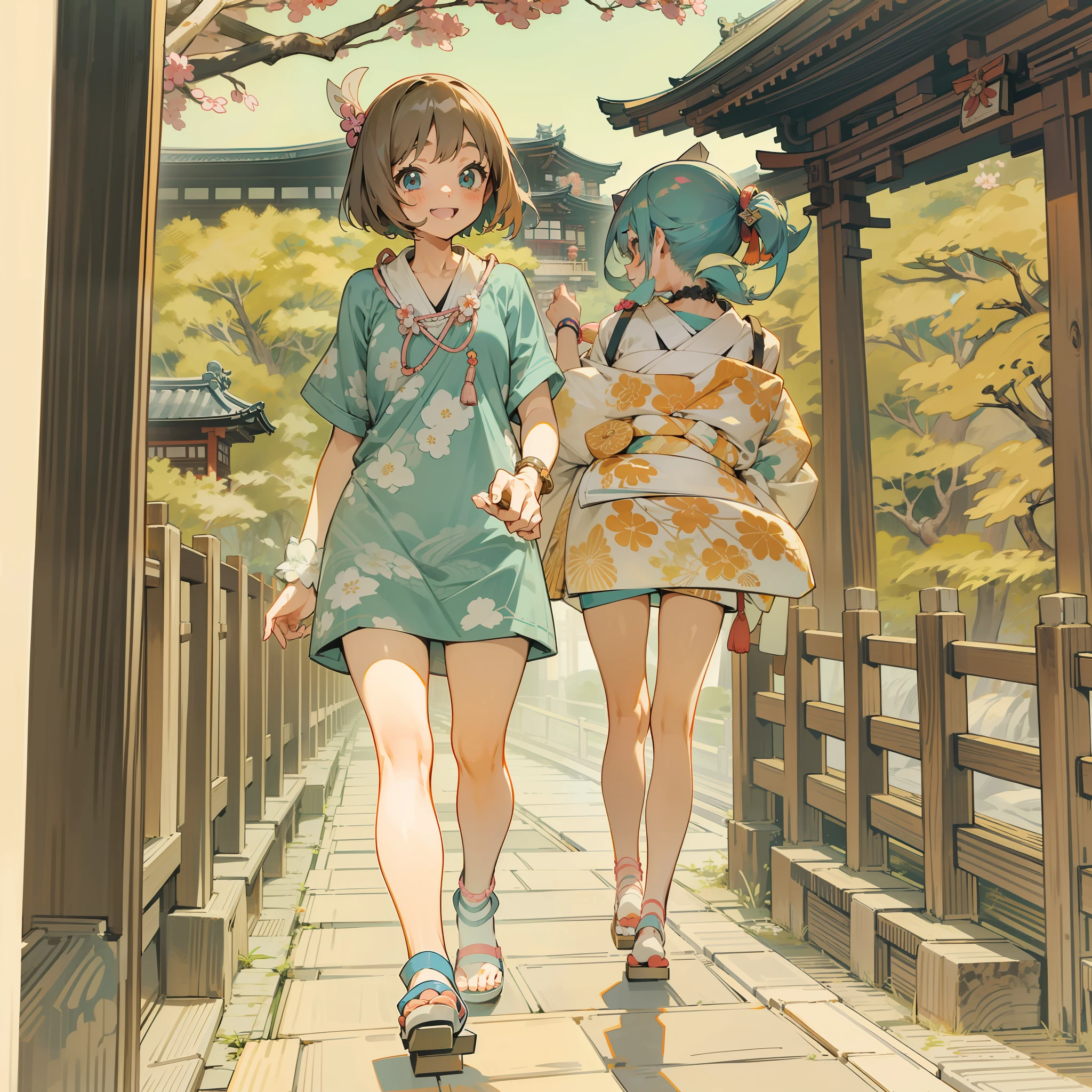 Woodblock prints and ink, A girl turned around, Clothing product samples , kawaii, smile, with colored contacts in her eyes, Accessories, full body,walking , in summer , Kinkakuji Temple in Kyoto