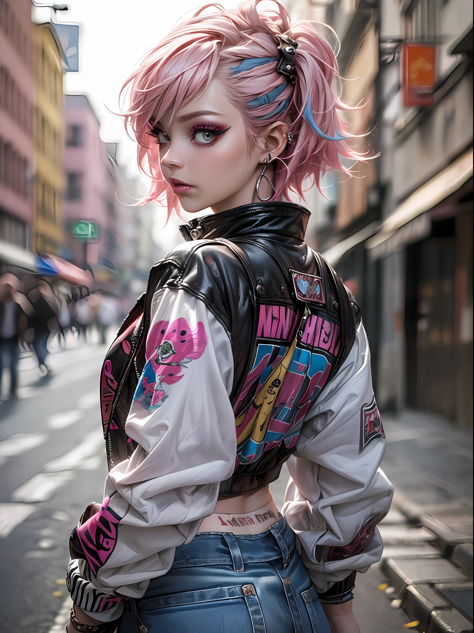 (top-quality、8K、32K、​masterpiece、nffsw:1.3)、(Photorealsitic:1.4),18-year-old punk girl,Wacky punk hair,punk fashion,Skin revealing、A pink-haired,Wacky makeup、Street background,depth of fields,blurry backround,,,,,,,,,,,,