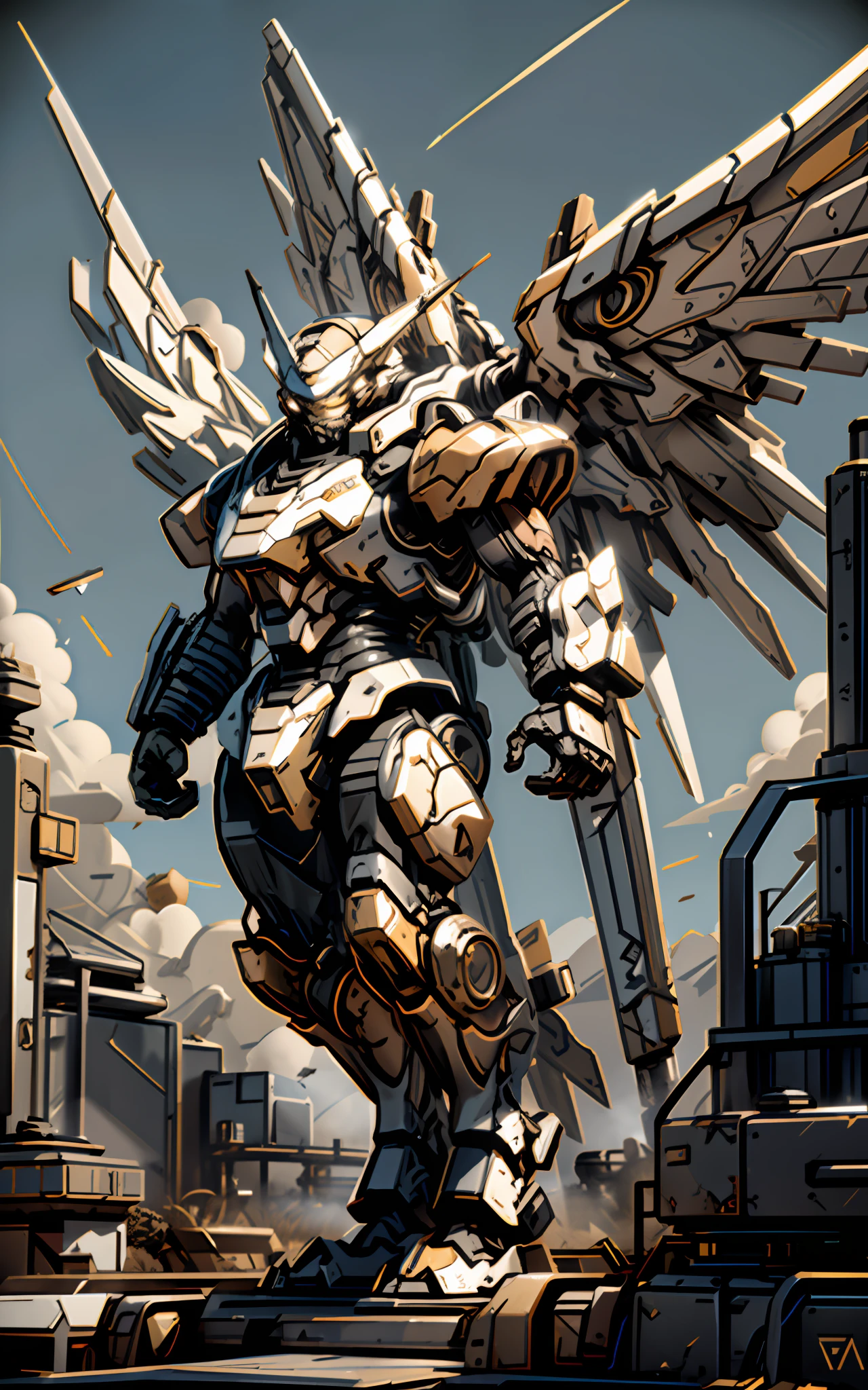 (Masterpiece, Best quality:1.3),extremly high detail, Intricate, 8K, hdr, the wallpaper, Cinematic lighting, sky, Flying,Glowing, Armor, Glowing eyes, Mecha, Realistic,Mecha, large wings, starrysky,black and gold,Large mech wings,Huge，((Best quality)), ((masterpiece)), (highly detailed:1.4) ,HDR (High Dynamic Range),Ray Tracing,NVIDIA RTX,Super-Resolution,Unreal 5,Subsurface scattering,PBR Texturing,Post-processing,Anisotropic Filtering,Depth-of-field,Maximum clarity and sharpness,Multi-layered textures,Albedo and Specular maps,Surface shading,Accurate simulation of light-material interaction,Perfect proportions,Octane Render,Two-tone lighting,Wide aperture,Low ISO,White balance,Rule of thirds,8K RAW, --auto