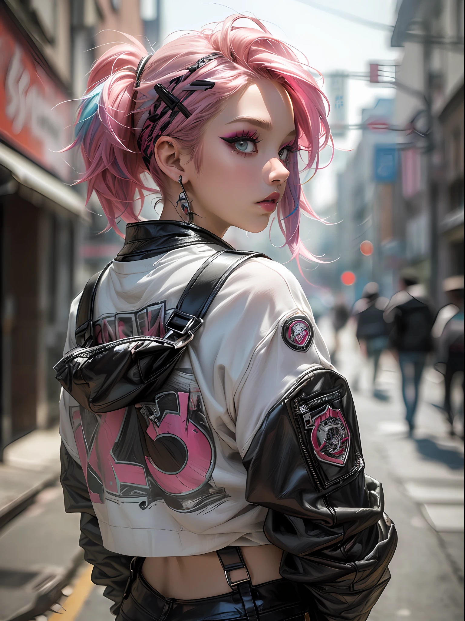 (top-quality、8K、32K、​masterpiece、nffsw:1.3)、(Photorealsitic:1.4),18-year-old punk girl,Punk hair,punk fashion,A pink-haired,Street background,depth of fields,blurry backround,,,,,,,,,,,,