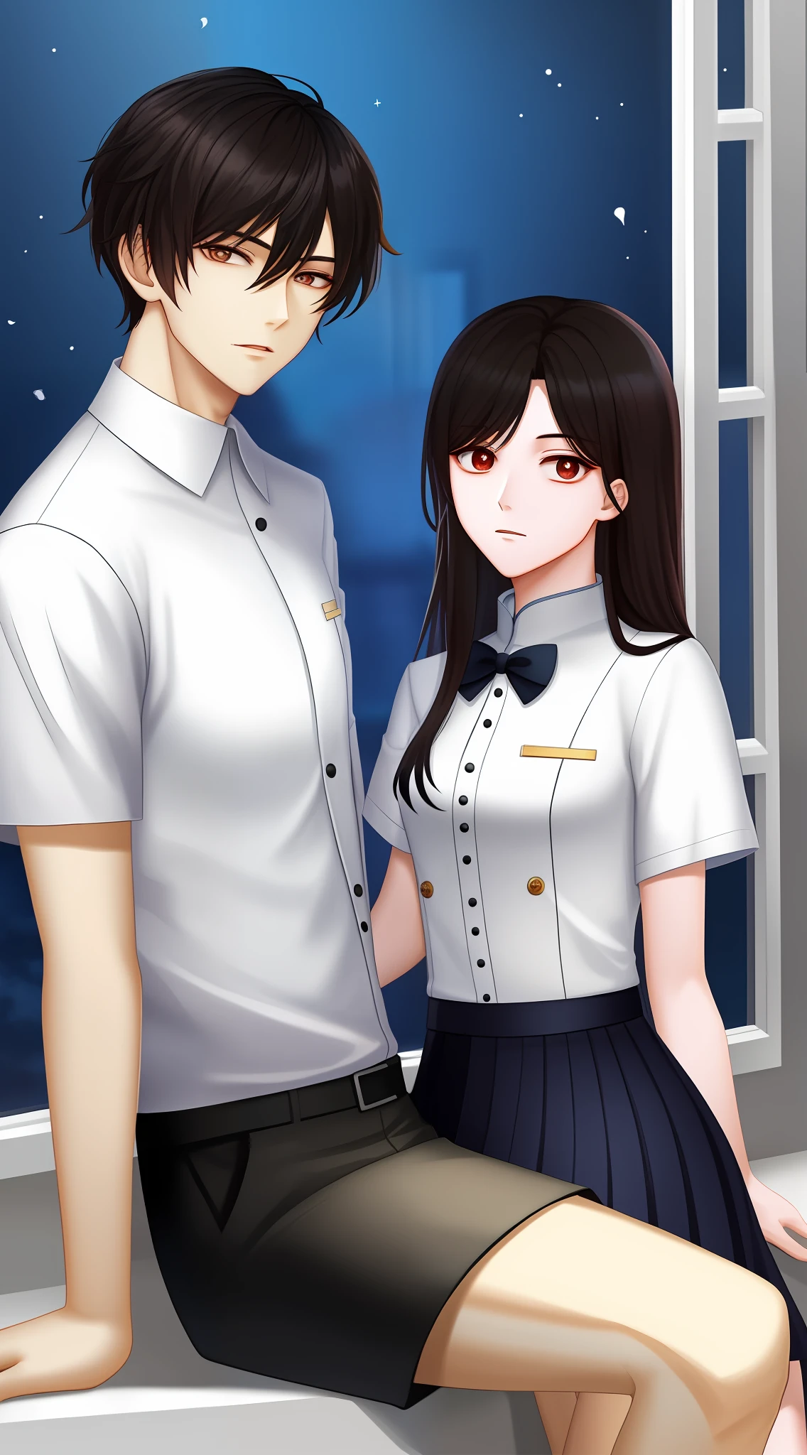 there are two asian people sitting on a window sill, ulzzang, lovely couple, cai xukun, sakimichan, couple pose, jk uniform, white hime cut hairstyle, jinyoung shin, male ulzzang, official, with bangs, jia, inspired by Ma Yuanyu, kim doyoung, nixeu and sakimichan, sha xi
