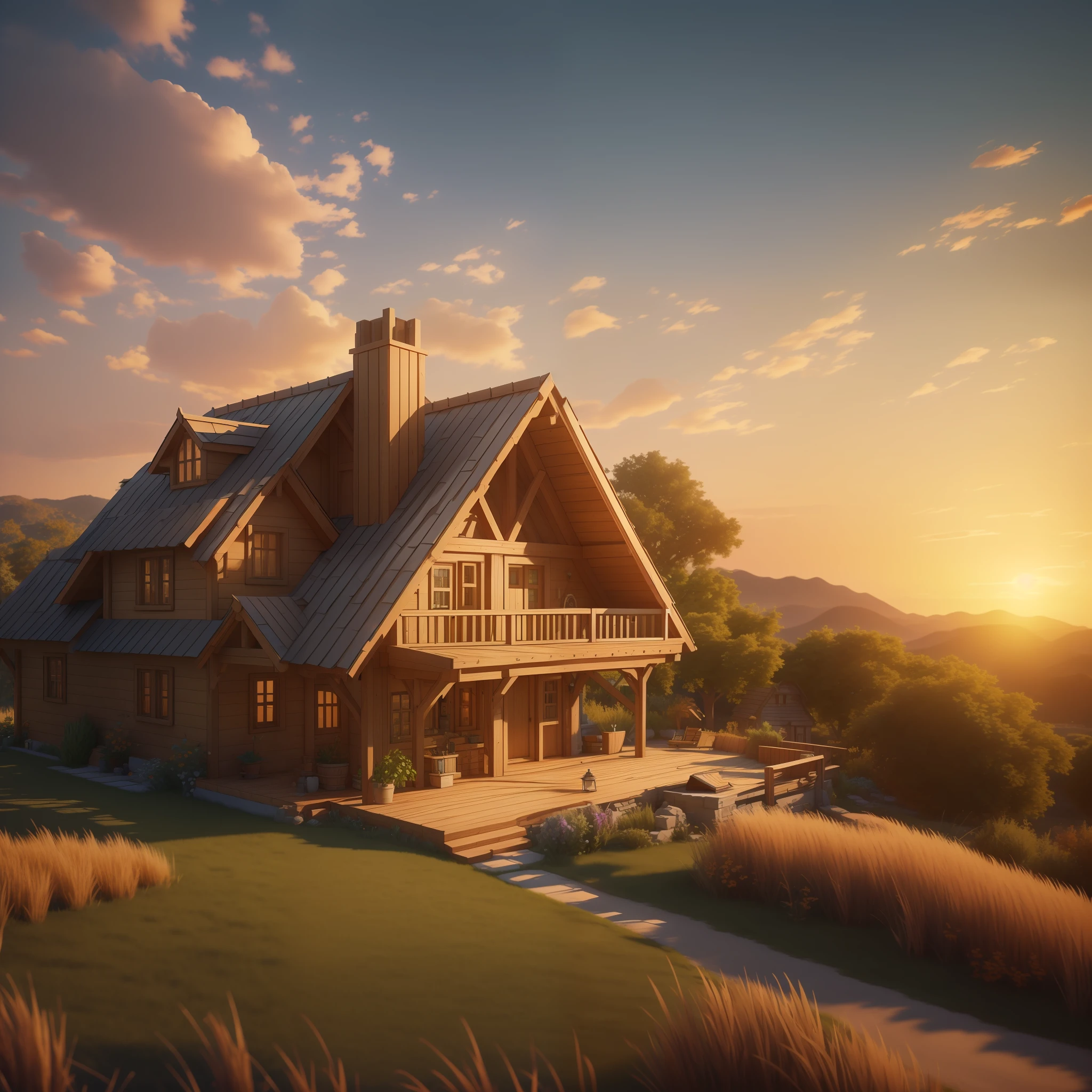 Masterpiece, best quality, (very detailed CG unity 8k wallpaper), (best quality), (best illustration), (best shadows), isometric 3D , octane rendering, ray tracing, highly detailed, 1house, wood construction, in top hill, have a lawn, sunset, warm light, beautiful design, detailed.