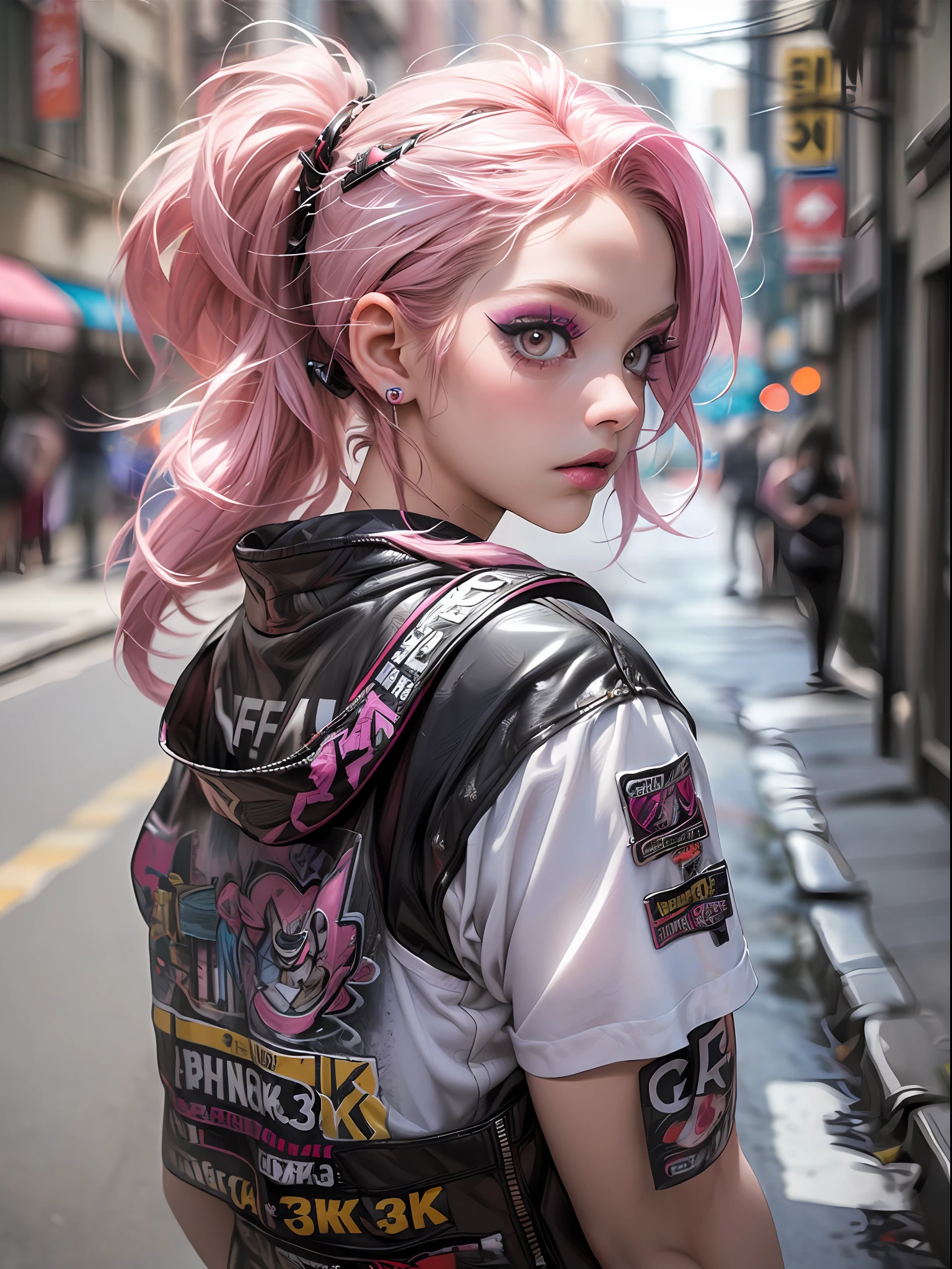 (top-quality、8K、32K、​masterpiece、nffsw:1.3)、(Photorealsitic:1.4),18-year-old punk girl,Punk hair,punk fashion,A pink-haired,Street background,depth of fields,blurry backround,,,,,,,,,,,,