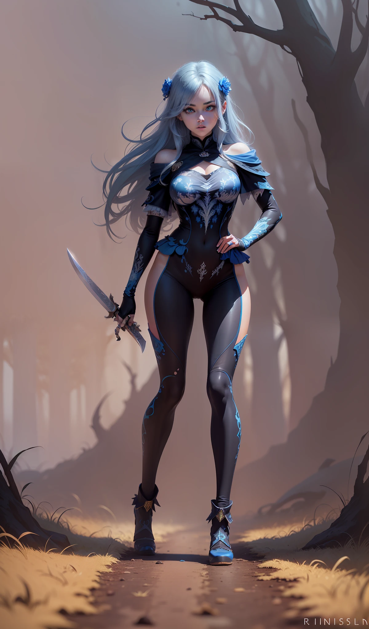 (masterpiece, top quality, best quality, (1girl), extreme detailed,(fractal art:1.3),colorful,highest detailed, morning rice, calestial, nice eye, blue eye, forest background, wear a robe, spooky forest, holding a sharp sword, morning mist, wind-blown cloak, monsters behind him, royal robes, shining blue eyes, eyes glow in the dark