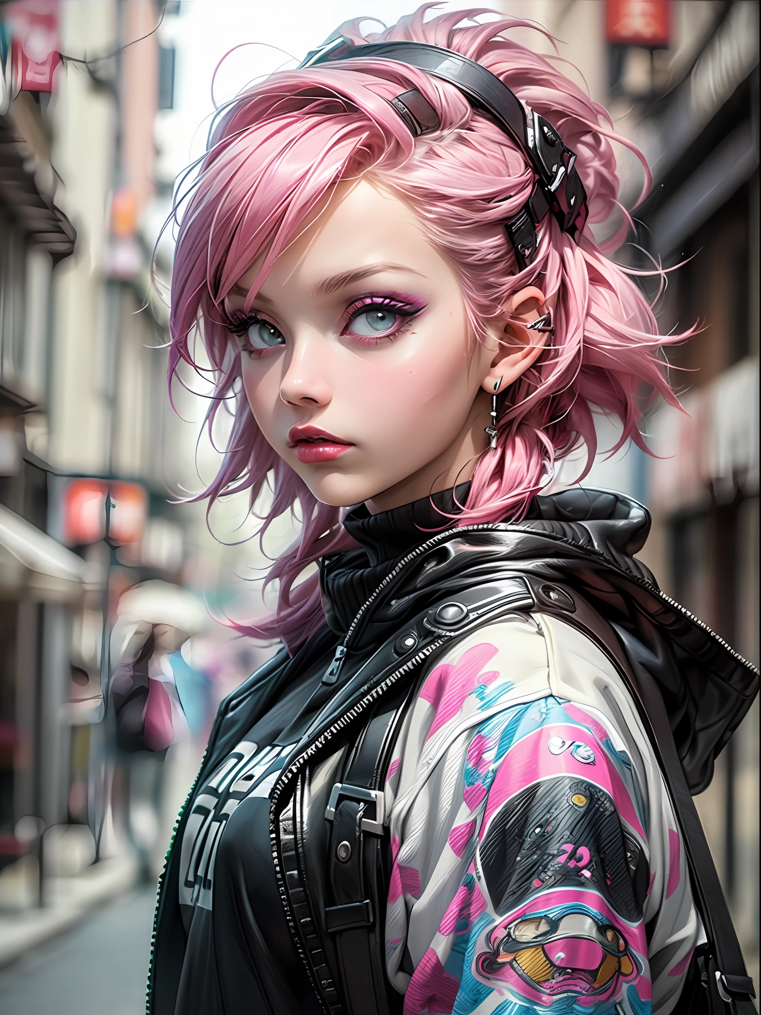 (top-quality、8K、32K、​masterpiece、nffsw:1.3)、(Photorealsitic:1.4),18-year-old punk girl,Wacky punk hair,Radical punk fashion,、A pink-haired,Wacky makeup、Street background,depth of fields,blurry backround,,,,,,,,,,,,