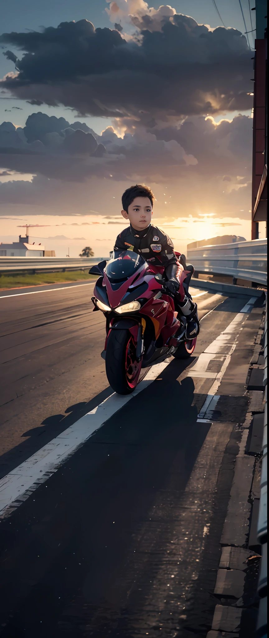 Top quality, Masterpiece of 1 Boy, Intricate details, shading realistic lighting, hugefilesize, A high resolution, elegant, Realistic, perfect anatomical depiction of the human body, 7 year old boy，Look for somewhere, Serious expression, Boy wearing motorcycle racing suit, the sun is dyed crimson behind it, The sky has a gradient to a deep purple gradient，It's too dark，So much so that it is far from the crimson of the horizon, Strong contrast between light and shadow, Perfect hands, nice hand, mirage farina.